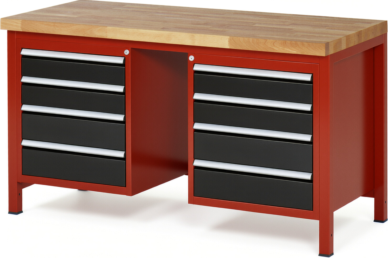 Werkbank Modell 8181 rot - schwarz, BxTxH 1500x700x840-1040 mm,  Buche-Massiv Arbeitsplatte 40 mm,  8 Schubladen mit  Auszug 90 %