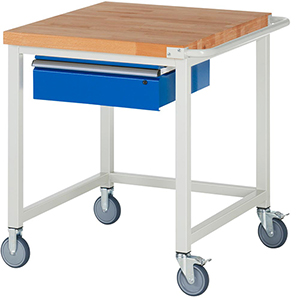 Fahrbare Werkbank, BxTxH 1000x900x880 mm, Platte Buche 40 mm, 1 Schublade 150 mm, RAL 7035/5010