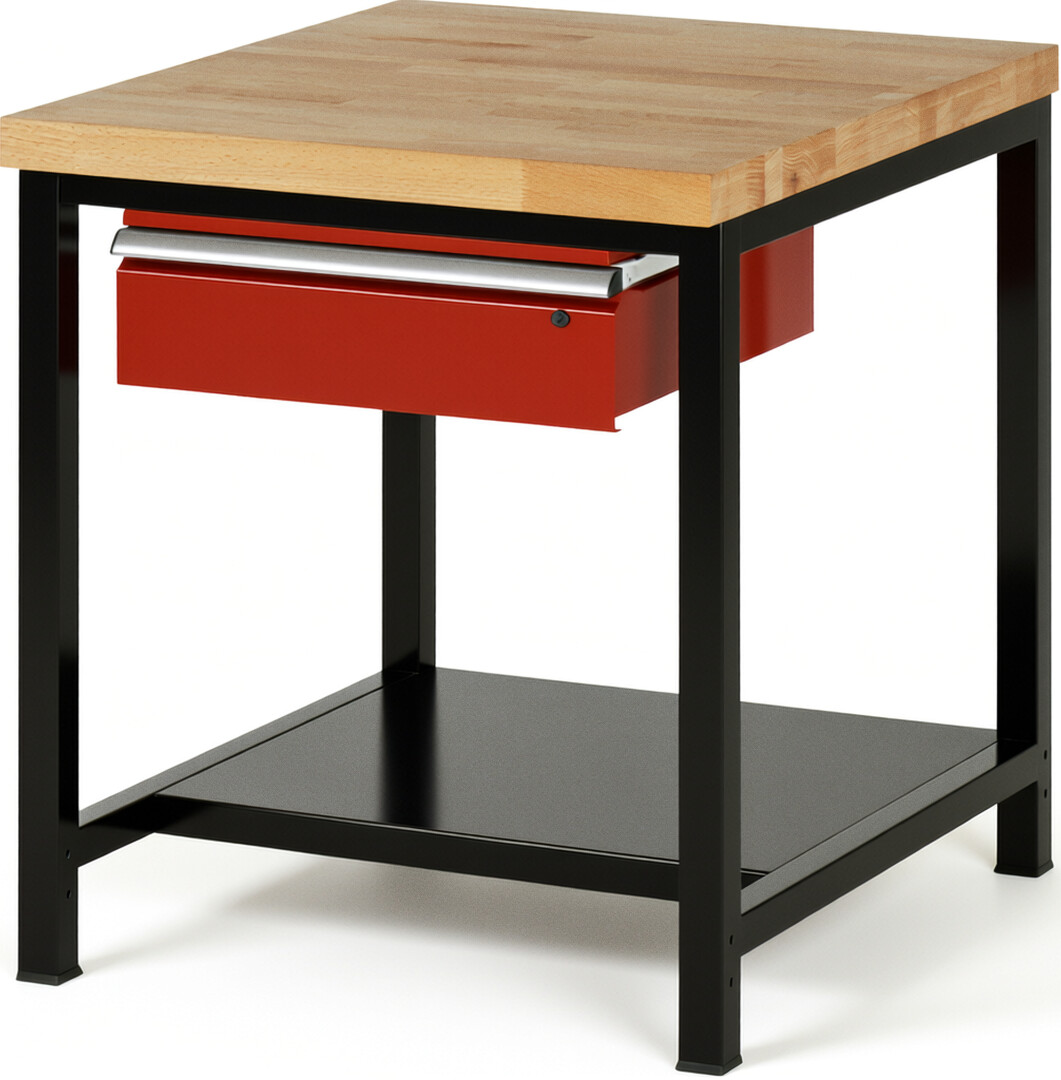 RAU Werkbank schwarz - rot - Breite 75 cm - Tiefe 90 cm - Höhe 104 cm - Buche-Massiv Arbeitsplatte 40 mm