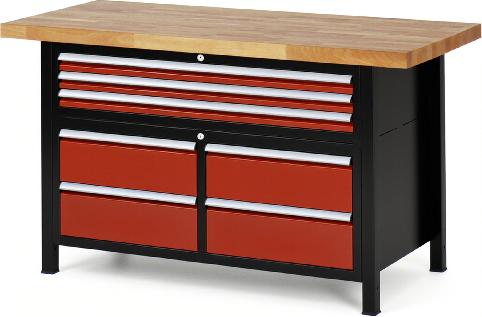 RAU Werkbank schwarz - rot - Breite 150 cm - Tiefe 70 cm - Höhe 104 cm - Buche-Massiv Arbeitsplatte 40 mm