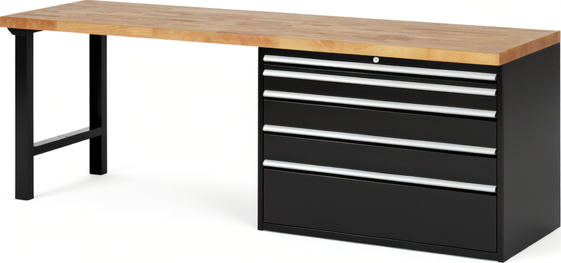 Werkbank Modell 7711 schwarz, BxTxH 2500x700x890 mm,  Buche-Massiv Arbeitsplatte 40 mm,  5 Schubladen mit  Auszug 90 %