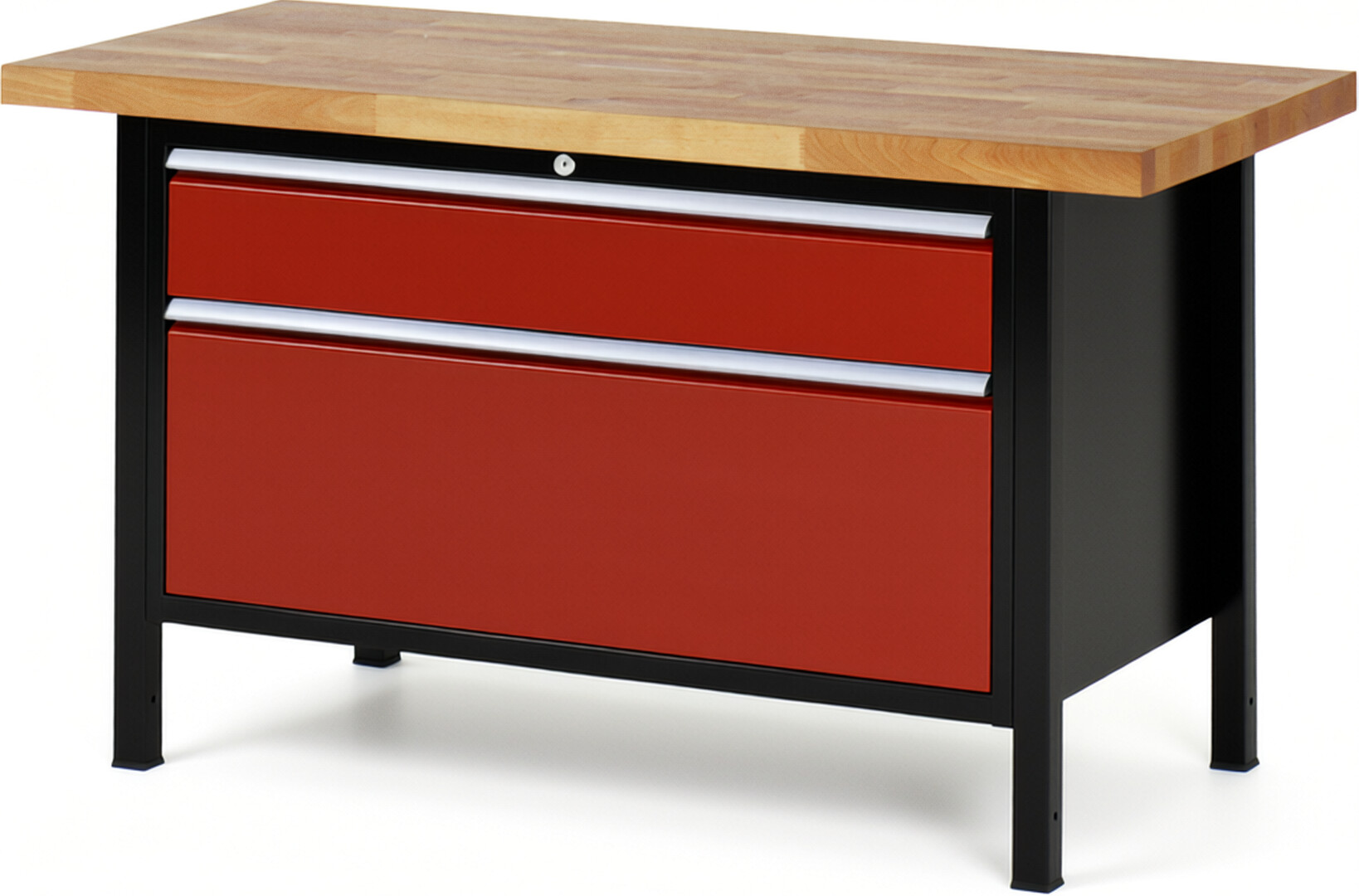 RAU Werkbank schwarz - rot - Breite 150 cm - Tiefe 70 cm - Höhe 104 cm - Buche-Massiv Arbeitsplatte 40 mm