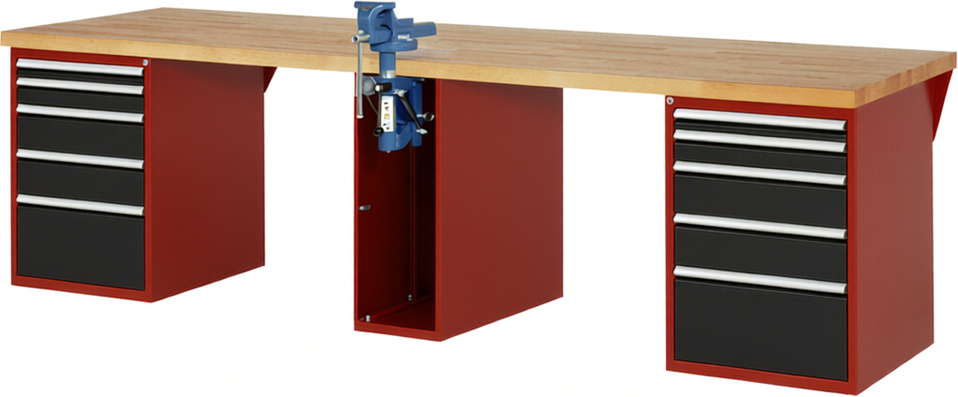Werkbank Modell 7511 rot - schwarz, BxTxH 3000x900x890 mm,  Buche-Massiv Arbeitsplatte 40 mm,  10 Schubladen mit  Auszug 90 %