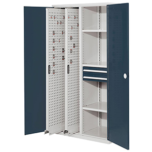 Schwerlastschrank, Vollblechtüren, 2 Vertikalauszüge, 3 Fachböden, 2 Schubl. BxTxH 1000x600x1950 mm, RAL 7035/7016