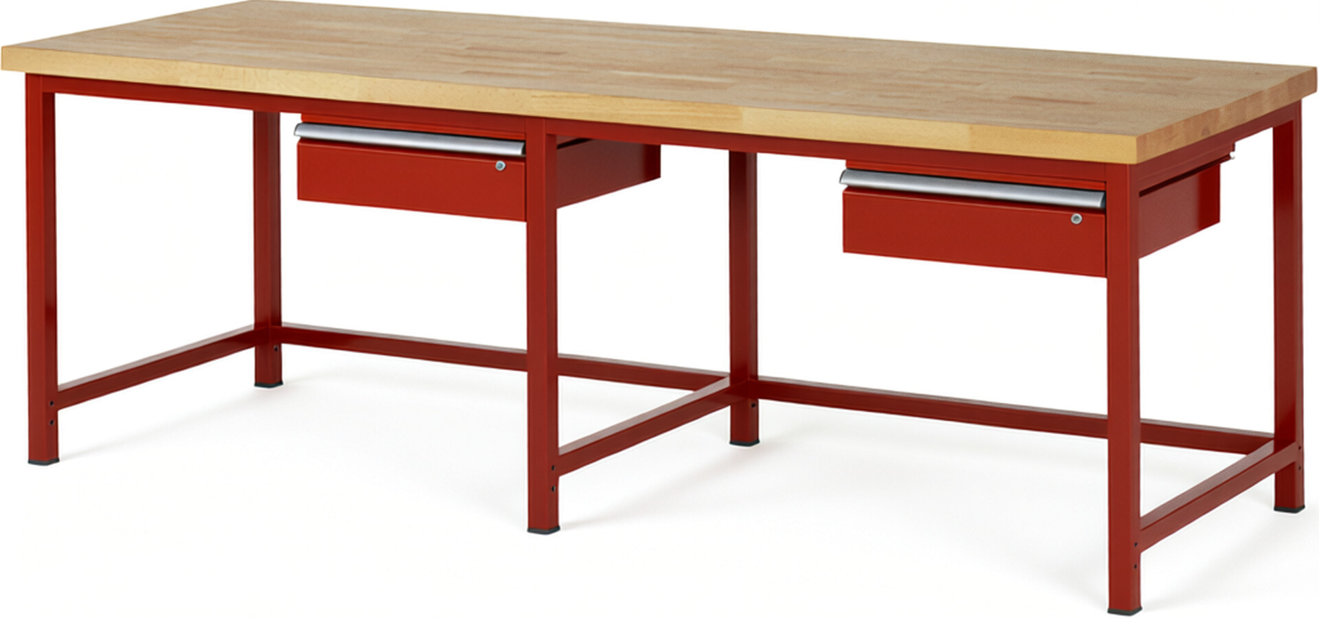 Werkbank Modell 8001 rot, BxTxH 2500x900x840 mm,  Buche-Massiv Arbeitsplatte 40 mm,  2 Schubladen mit  Auszug 90 %
