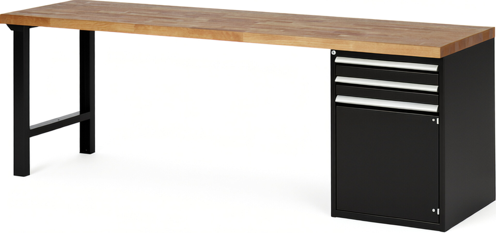 Werkbank Modell 7503 schwarz, BxTxH 2500x700x890 mm,  Buche-Massiv Arbeitsplatte 40 mm,  2 Schubladen mit  Auszug 90 %