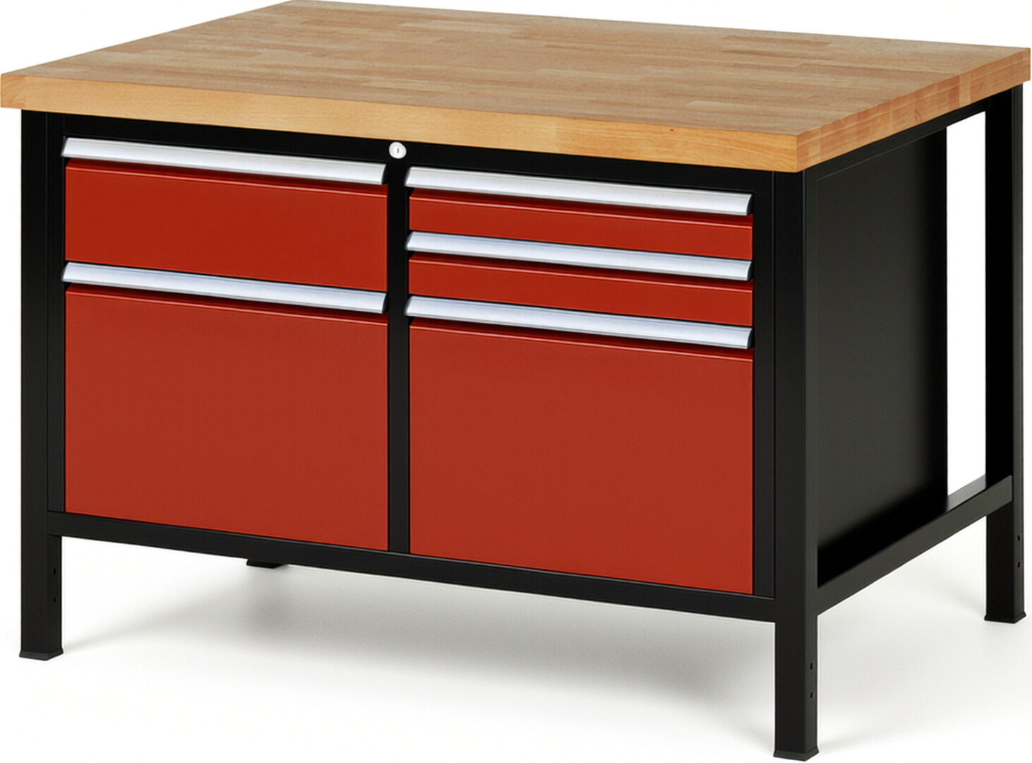 RAU Werkbank schwarz - rot - Breite 125 cm - Tiefe 90 cm - Höhe 104 cm - Buche-Massiv Arbeitsplatte 40 mm