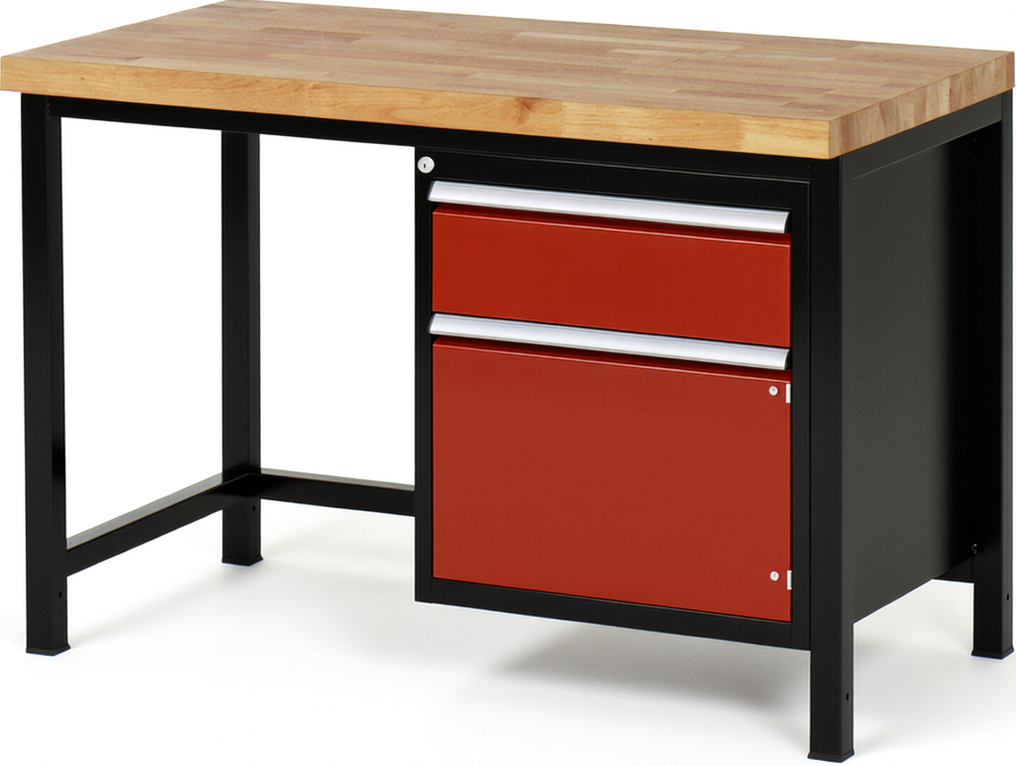RAU Werkbank schwarz - rot - Breite 125 cm - Tiefe 70 cm - Höhe 104 cm - Buche-Massiv Arbeitsplatte 40 mm