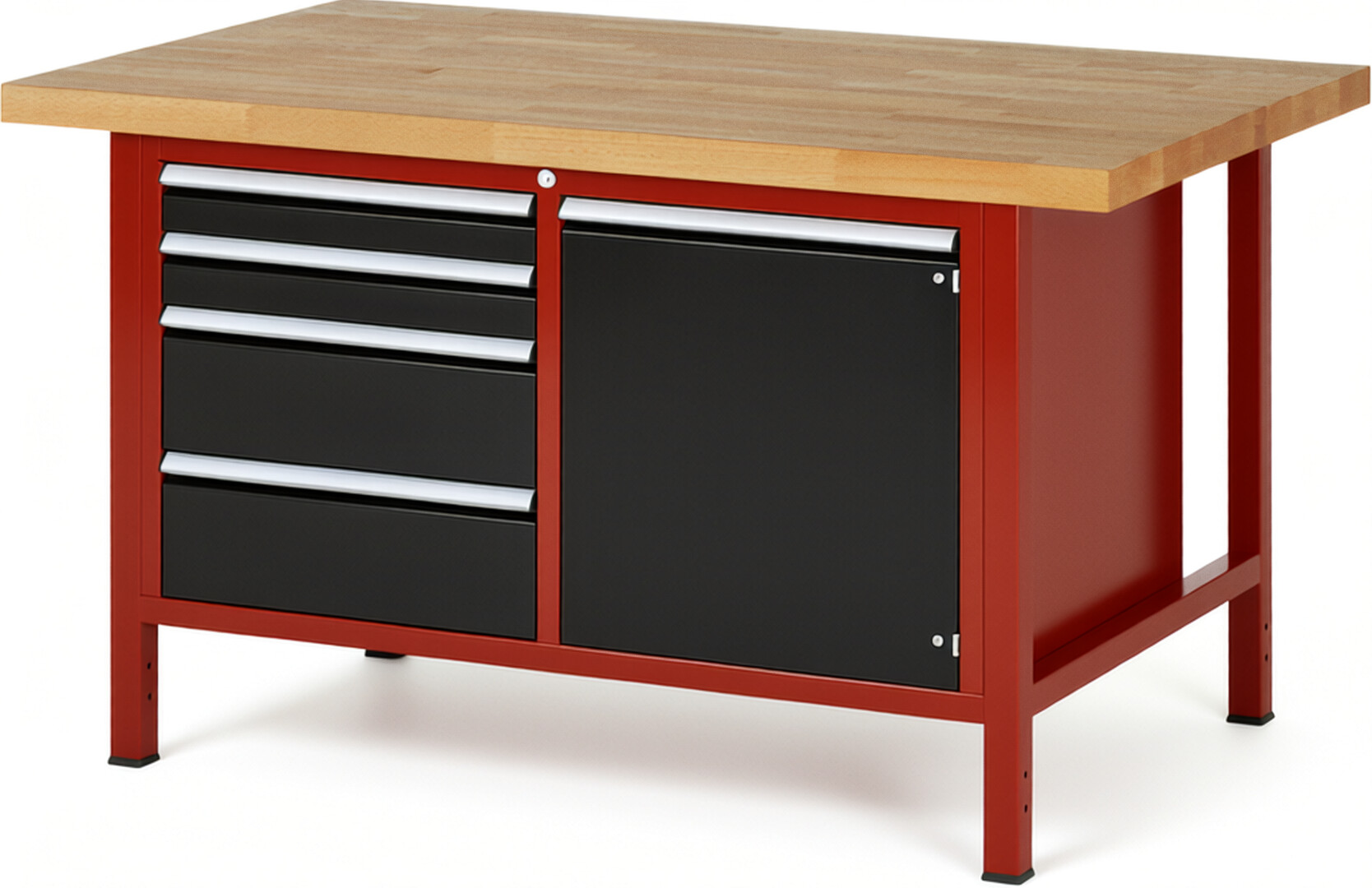 Werkbank Modell 8470 rot - schwarz, BxTxH 1500x900x840-1040 mm,  Buche-Massiv Arbeitsplatte 40 mm,  4 Schubladen mit  Auszug 90 %