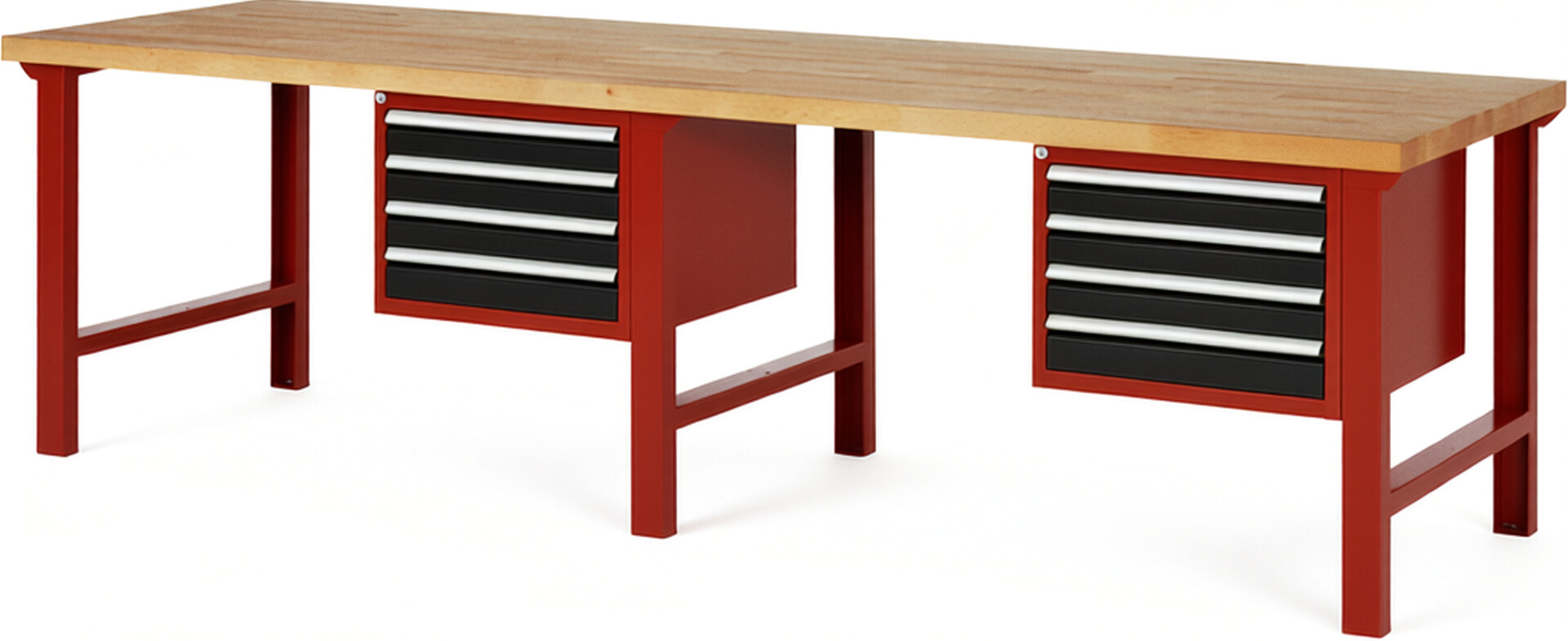 Werkbank Modell 7133 rot - schwarz, BxTxH 3000x900x840 mm,  Buche-Massiv Arbeitsplatte 40 mm,  8 Schubladen mit  Vollauszug 100 % und  SoftClosing