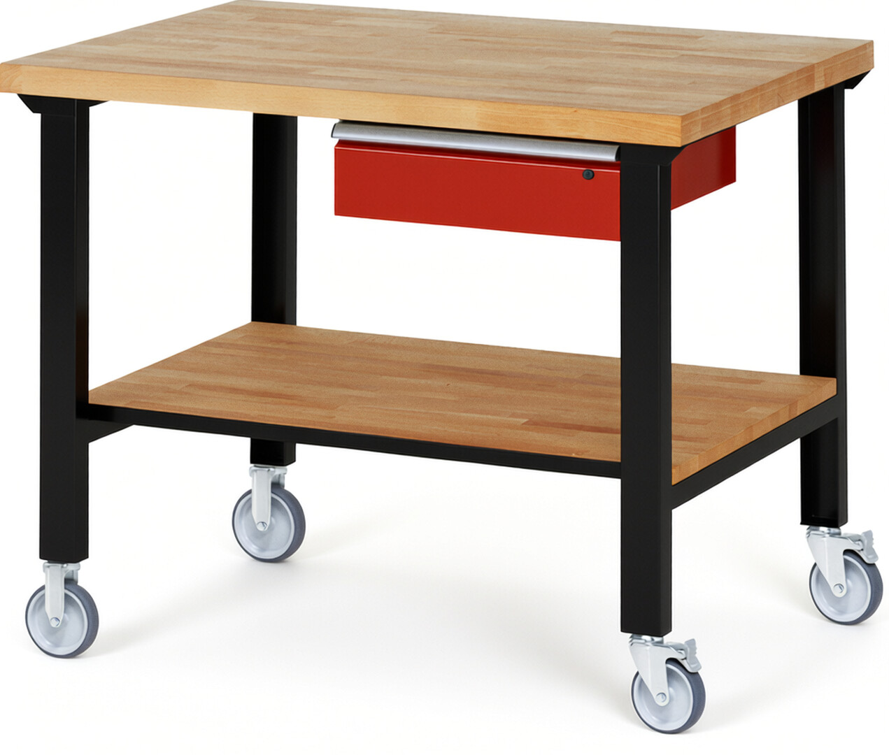 RAU Werkbank schwarz - rot - Breite 125 cm - Tiefe 90 cm - Höhe 100 cm - Buche-Massiv Arbeitsplatte 40 mm