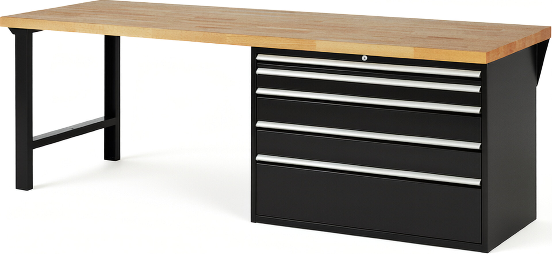 Werkbank Modell 7711 schwarz, BxTxH 2500x900x890 mm,  Buche-Massiv Arbeitsplatte 40 mm,  5 Schubladen mit  Auszug 90 %