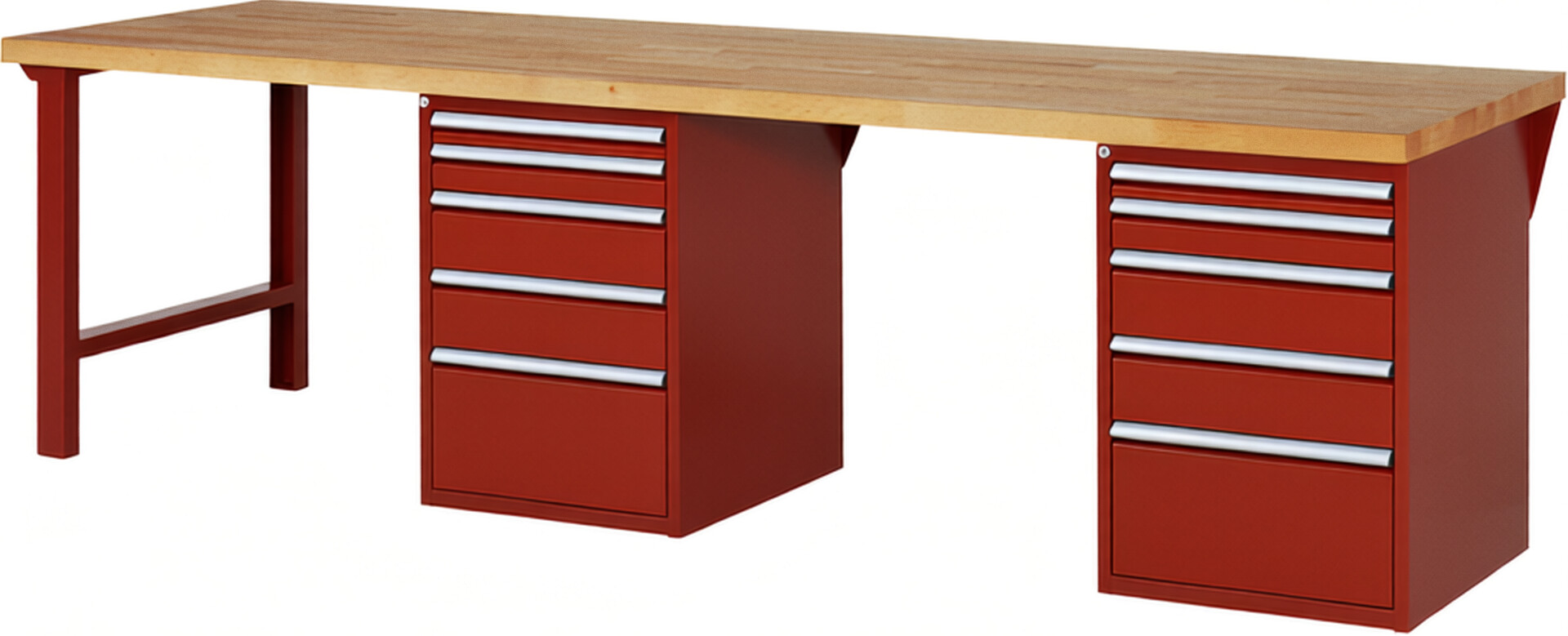 Werkbank Modell 7511 rot, BxTxH 3000x900x890 mm,  Buche-Massiv Arbeitsplatte 40 mm,  10 Schubladen mit  Auszug 90 %