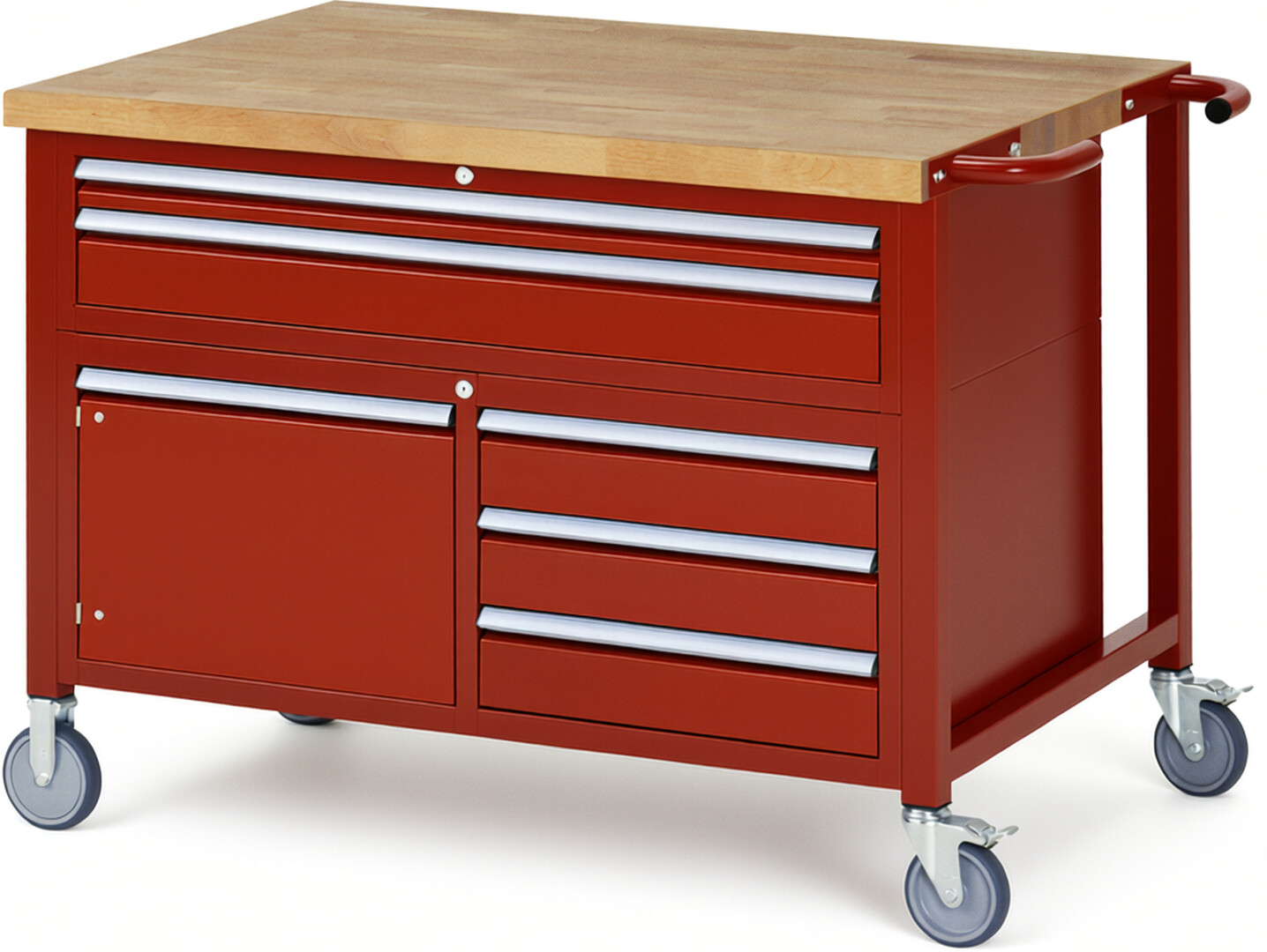 Fahrbare Werkbank Modell 8922 rot, BxTxH 1250x900x920 mm,  Buche-Massiv Arbeitsplatte 40 mm,  5 Schubladen mit  Vollauszug 100 % und  SoftClosing