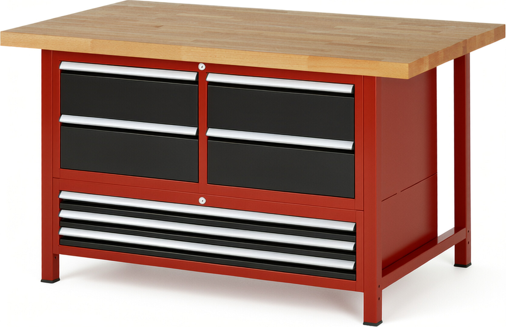 Werkbank Modell 8934 rot - schwarz, BxTxH 1500x900x840 mm,  Buche-Massiv Arbeitsplatte 40 mm,  7 Schubladen mit  Vollauszug 100 % und  SoftClosing