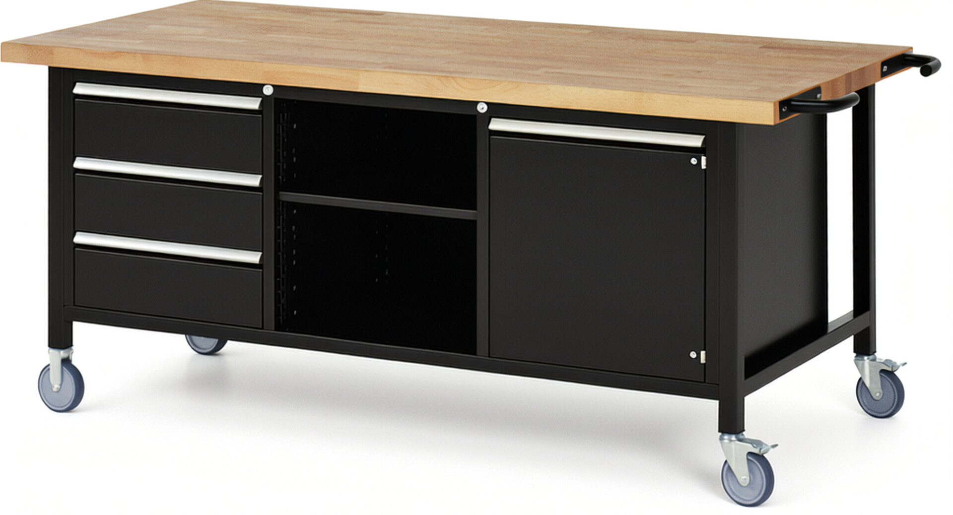 Fahrbare Werkbank Modell 8563 schwarz, BxTxH 2000x900x880 mm,  Buche-Massiv Arbeitsplatte 40 mm,  3 Schubladen mit  Auszug 90 %