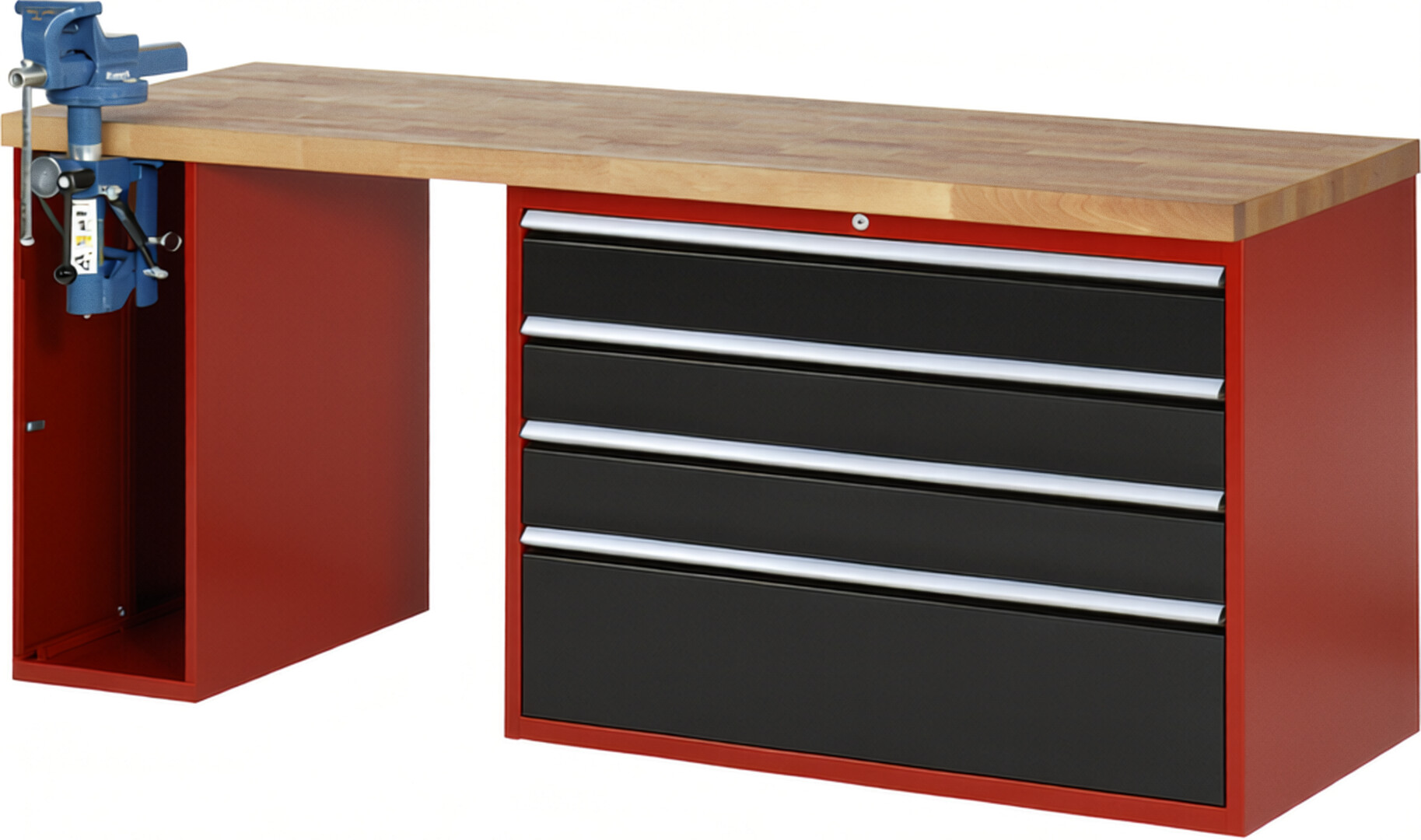 Werkbank Modell 7710 rot - schwarz, BxTxH 2000x700x890 mm,  Buche-Massiv Arbeitsplatte 40 mm,  4 Schubladen mit  Vollauszug 100 % und  SoftClosing