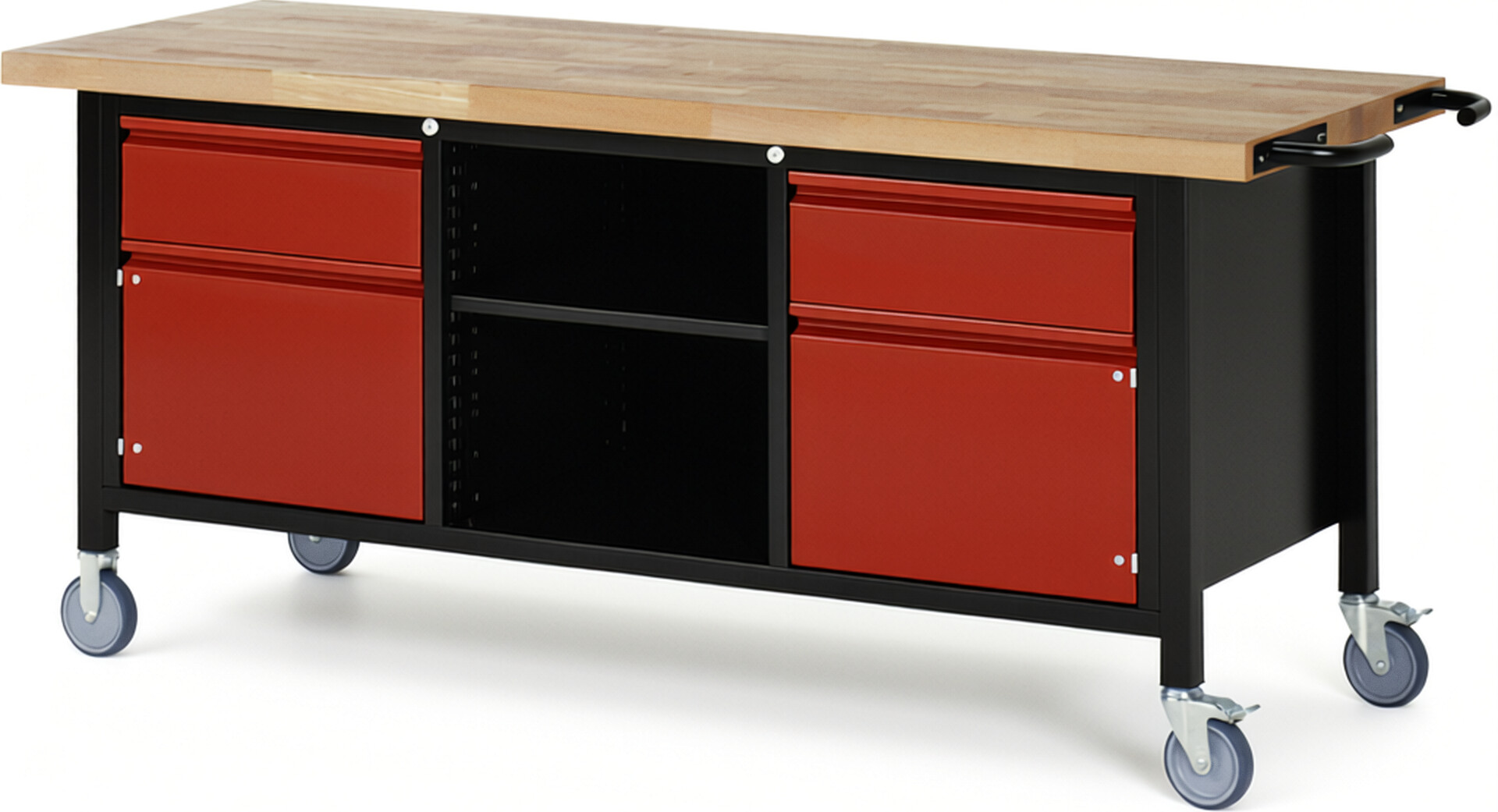 RAU Werkbank schwarz - rot - Breite 200 cm - Tiefe 70 cm - Höhe 88 cm - Buche-Massiv Arbeitsplatte 40 mm