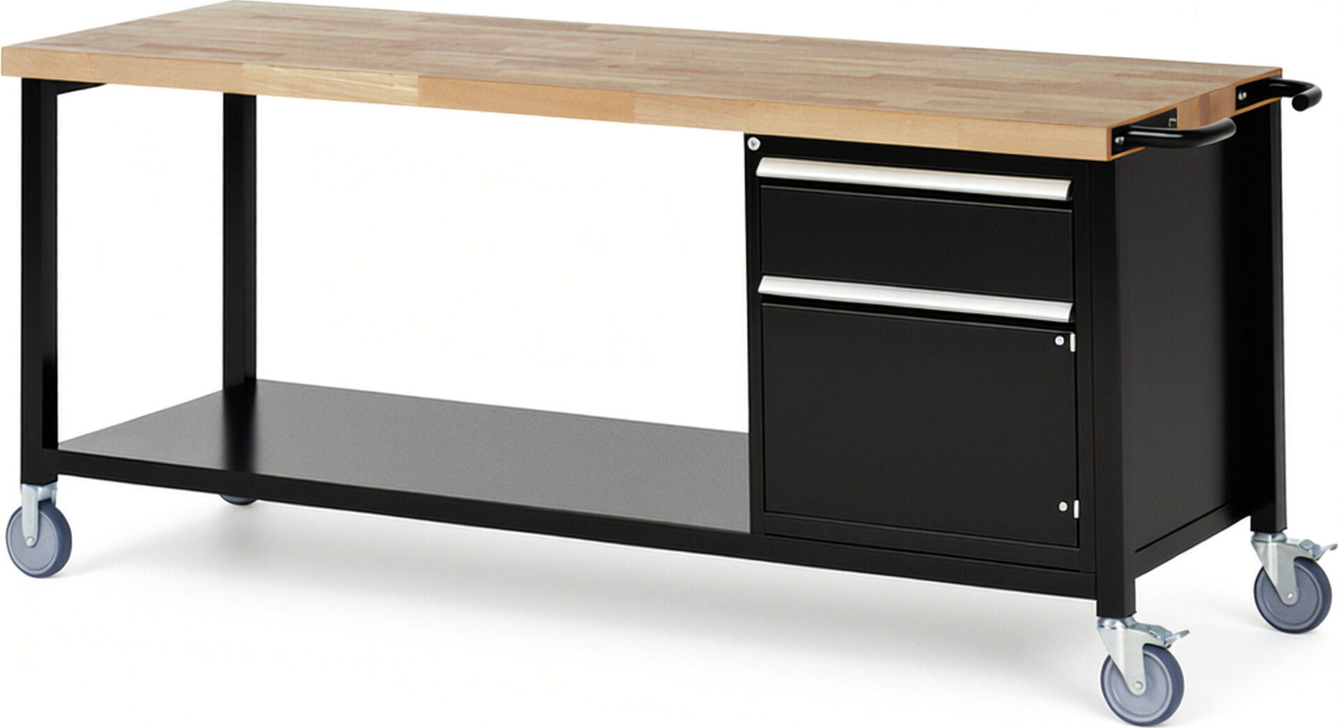 Fahrbare Werkbank Modell 8152 schwarz, BxTxH 2000x700x880 mm,  Buche-Massiv Arbeitsplatte 40 mm,  1 Schublade mit  Auszug 90 %