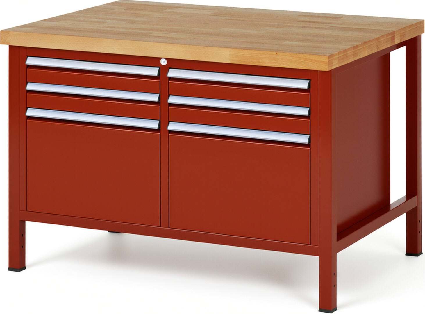 Werkbank Modell 8474 rot, BxTxH 1250x900x840 mm,  Buche-Massiv Arbeitsplatte 40 mm,  6 Schubladen mit  Auszug 90 %