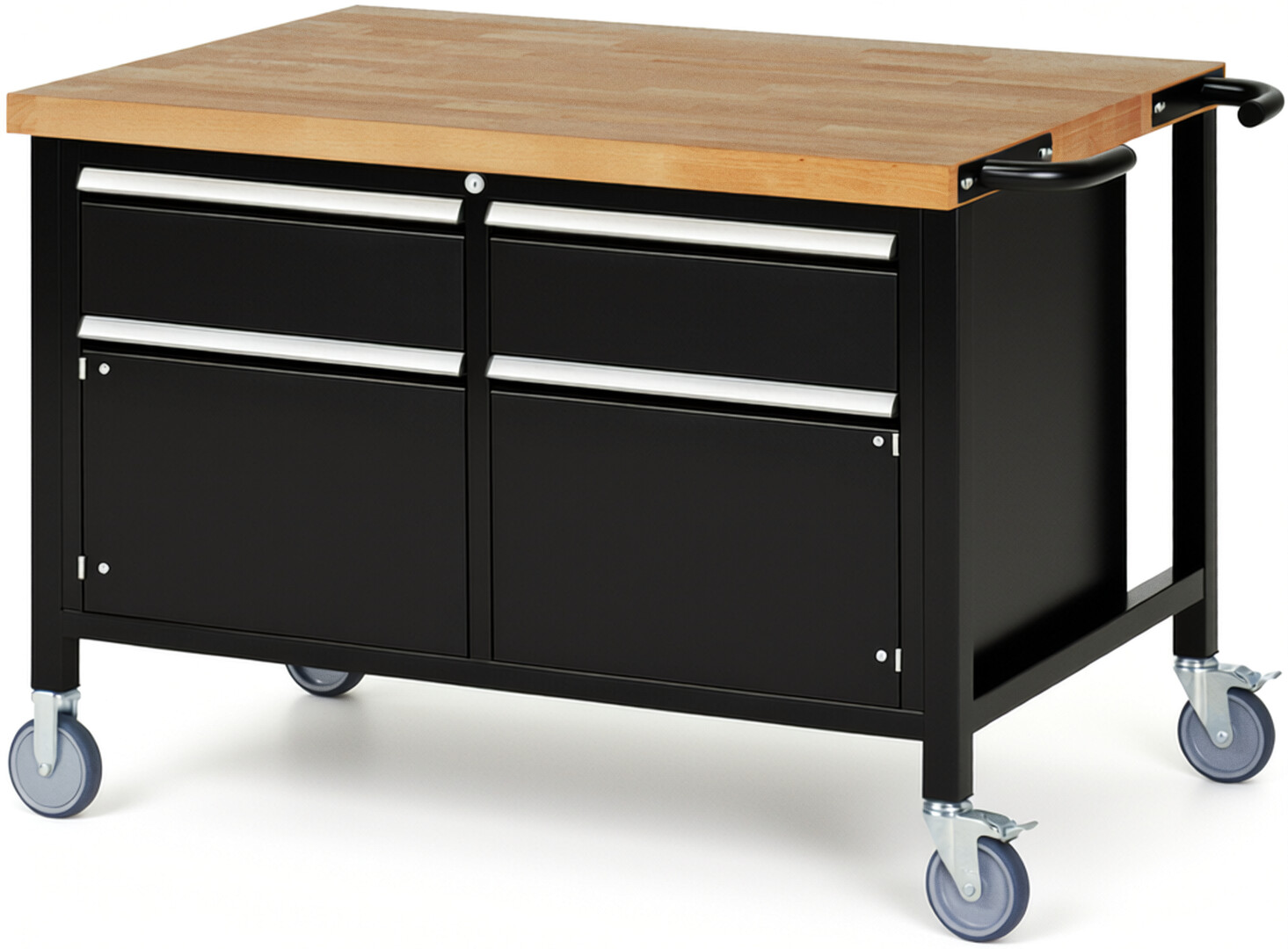 Fahrbare Werkbank Modell 8466 schwarz, BxTxH 1250x900x880 mm,  Buche-Massiv Arbeitsplatte 40 mm,  2 Schubladen mit  Vollauszug 100 % und  SoftClosing