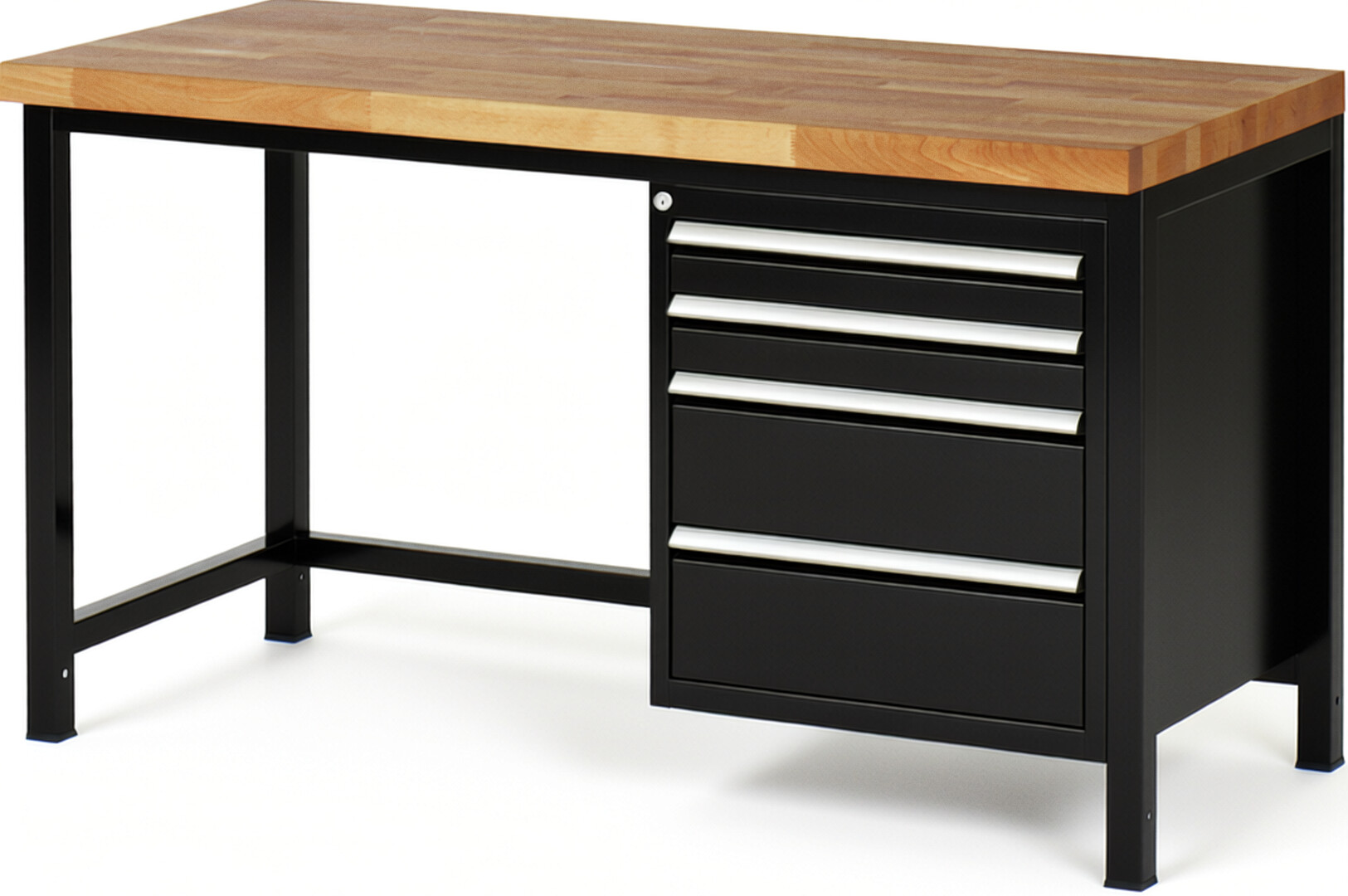 Werkbank Modell 8161 schwarz, BxTxH 1500x700x840-1040 mm,  Buche-Massiv Arbeitsplatte 40 mm,  4 Schubladen mit  Auszug 90 %