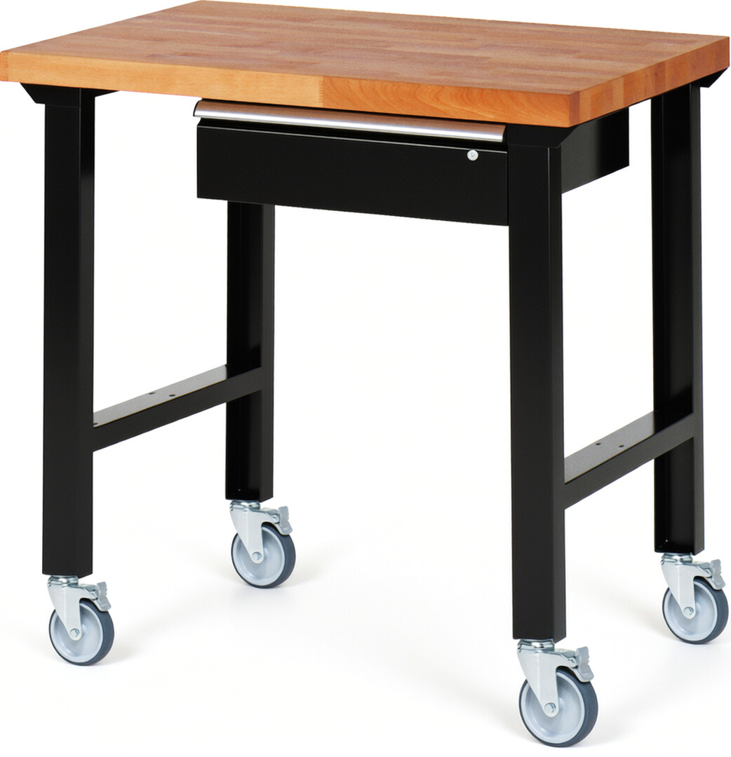 Fahrbare Werkbank Modell 7001 schwarz, BxTxH 1000x700x1000 mm,  Buche-Massiv Arbeitsplatte 40 mm,  1 Schublade mit  Auszug 90 %