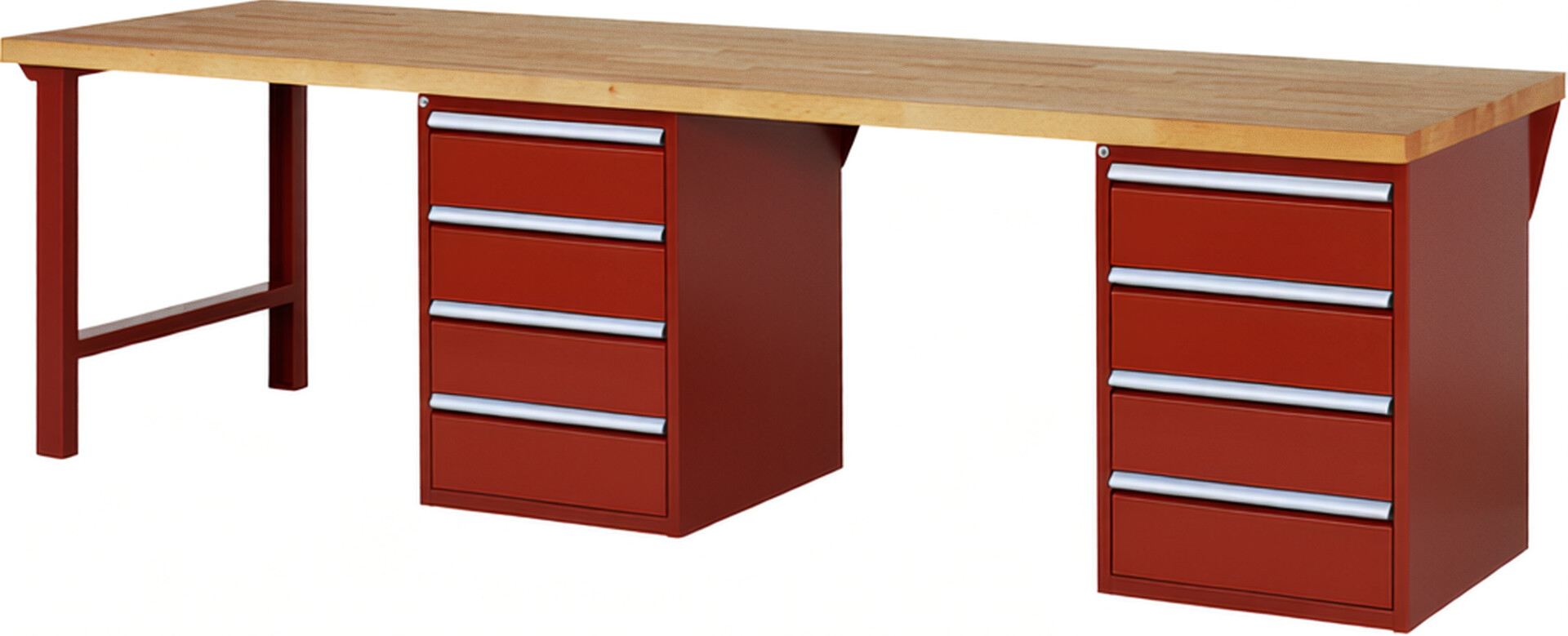 Werkbank Modell 7509 rot, BxTxH 3000x900x890 mm,  Buche-Massiv Arbeitsplatte 40 mm,  8 Schubladen mit  Auszug 90 %
