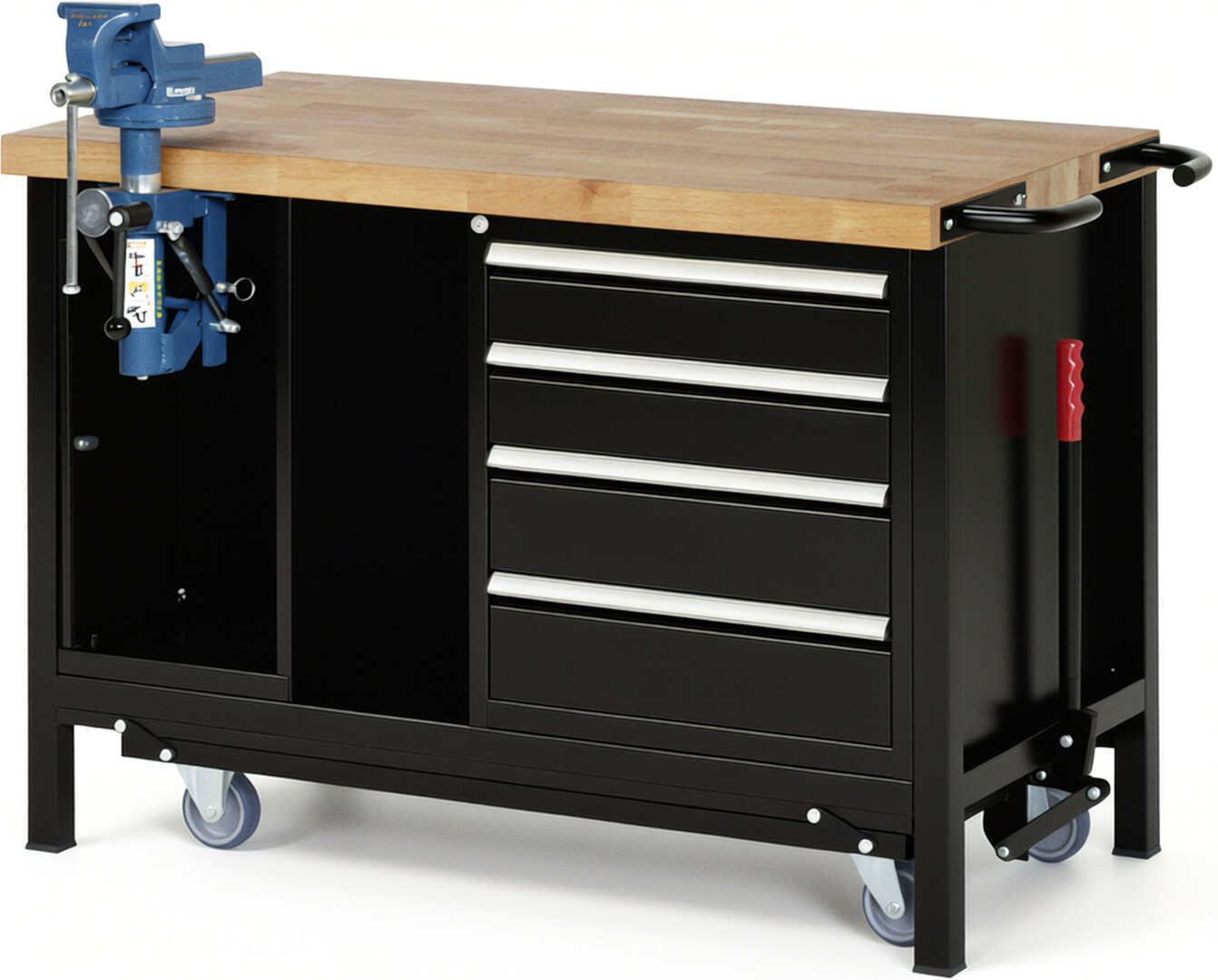 Absenkbare Werkbank Modell 8185 schwarz, BxTxH 1250x700x880 mm,  Buche-Massiv Arbeitsplatte 40 mm,  4 Schubladen mit  Vollauszug 100 % und  SoftClosing