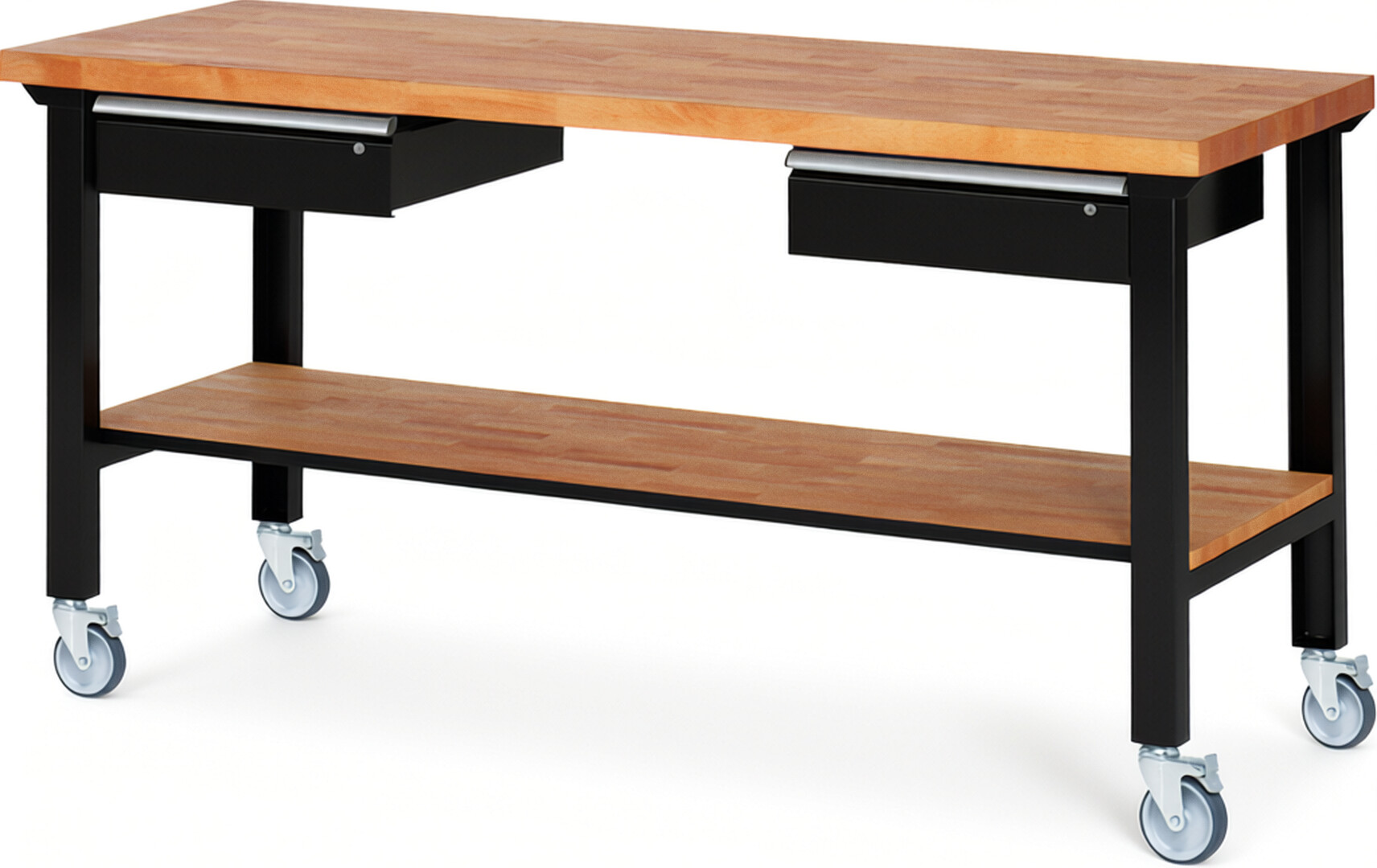 Fahrbare Werkbank Modell 7002 schwarz, BxTxH 2000x700x1000 mm,  Buche-Massiv Arbeitsplatte 40 mm,  2 Schubladen mit  Auszug 90 %