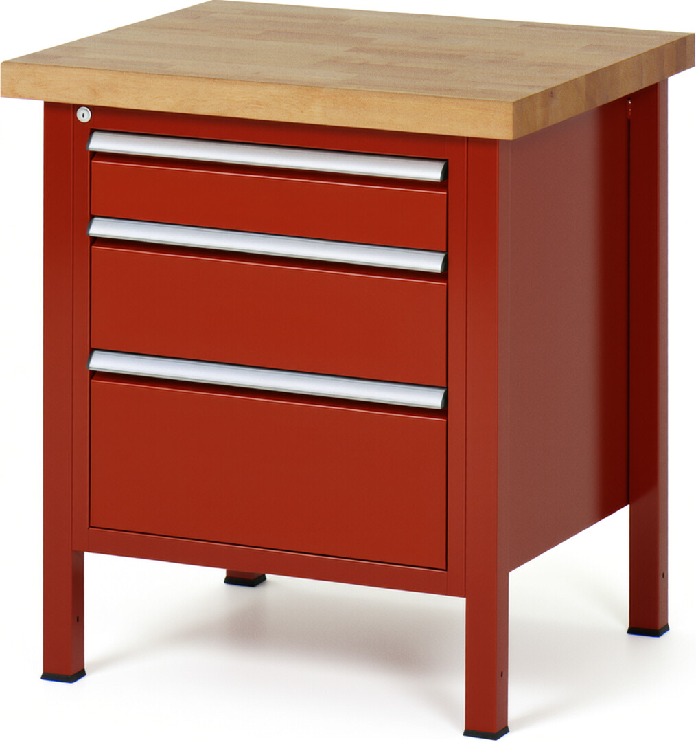 Werkbank Modell 8159 rot, BxTxH 750x700x840-1040 mm,  Buche-Massiv Arbeitsplatte 40 mm,  3 Schubladen mit  Auszug 90 %