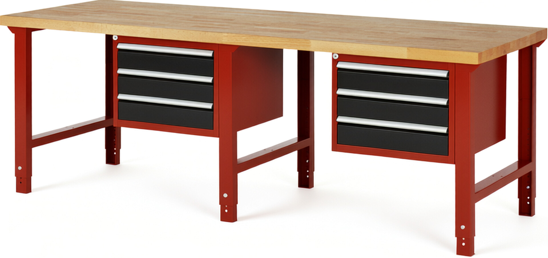 Werkbank Modell 7127 rot - schwarz, BxTxH 2500x900x790-1140 mm,  Buche-Massiv Arbeitsplatte 40 mm,  6 Schubladen mit  Auszug 90 %