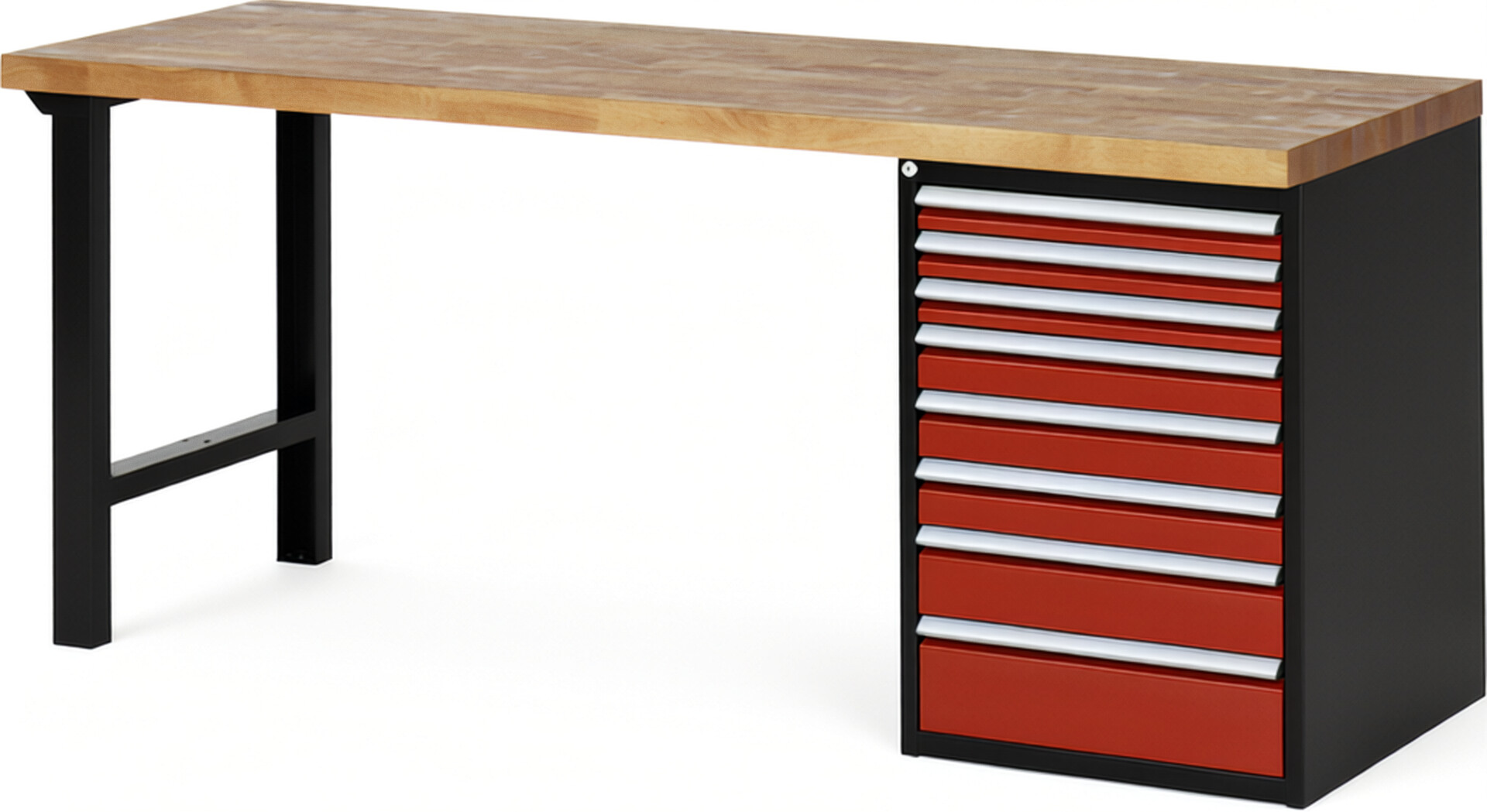 RAU Werkbank schwarz - rot - Breite 200 cm - Tiefe 70 cm - Höhe 89 cm - Buche-Massiv Arbeitsplatte 40 mm
