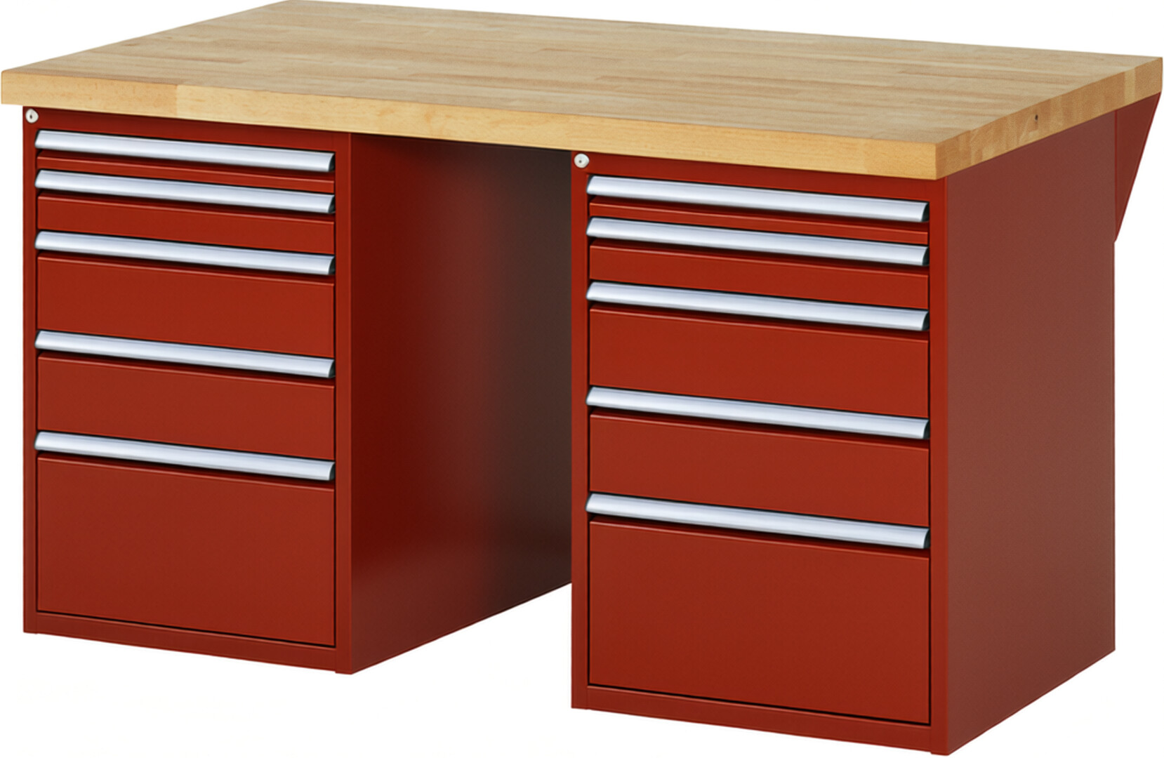 Werkbank Modell 7511 rot, BxTxH 1500x900x890 mm,  Buche-Massiv Arbeitsplatte 40 mm,  10 Schubladen mit  Vollauszug 100 % und  SoftClosing