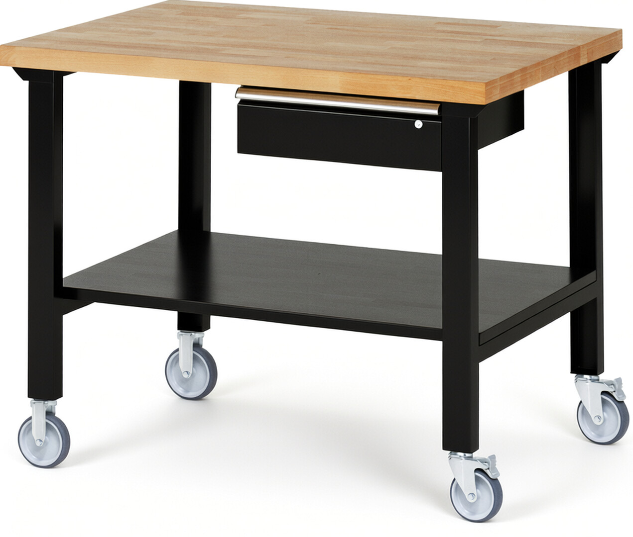 Fahrbare Werkbank Modell 7001 schwarz, BxTxH 1250x900x1000 mm,  Buche-Massiv Arbeitsplatte 40 mm,  1 Schublade mit  Auszug 90 %