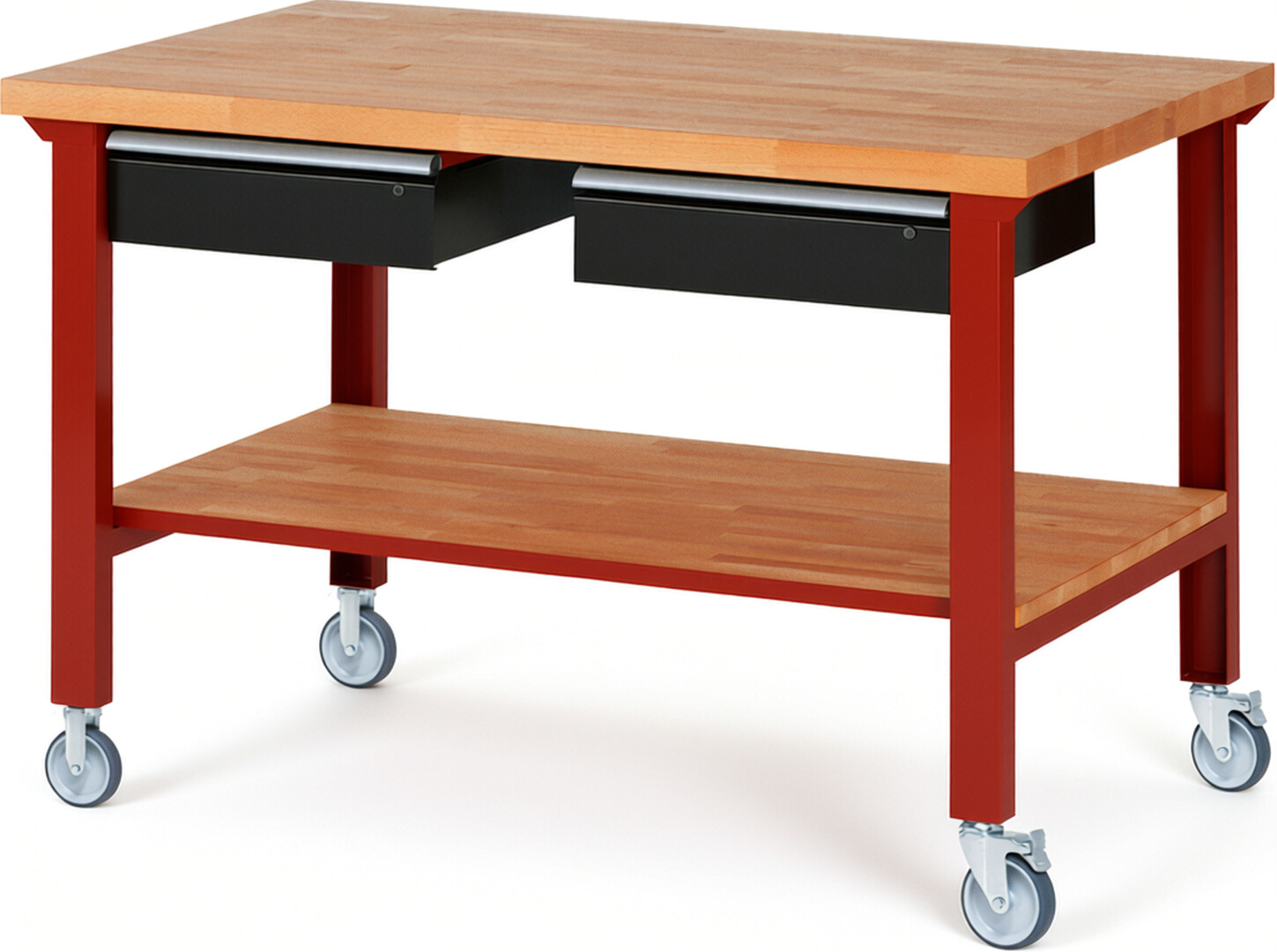 Fahrbare Werkbank Modell 7002 rot - schwarz, BxTxH 1500x900x1000 mm,  Buche-Massiv Arbeitsplatte 40 mm,  2 Schubladen mit  Auszug 90 %
