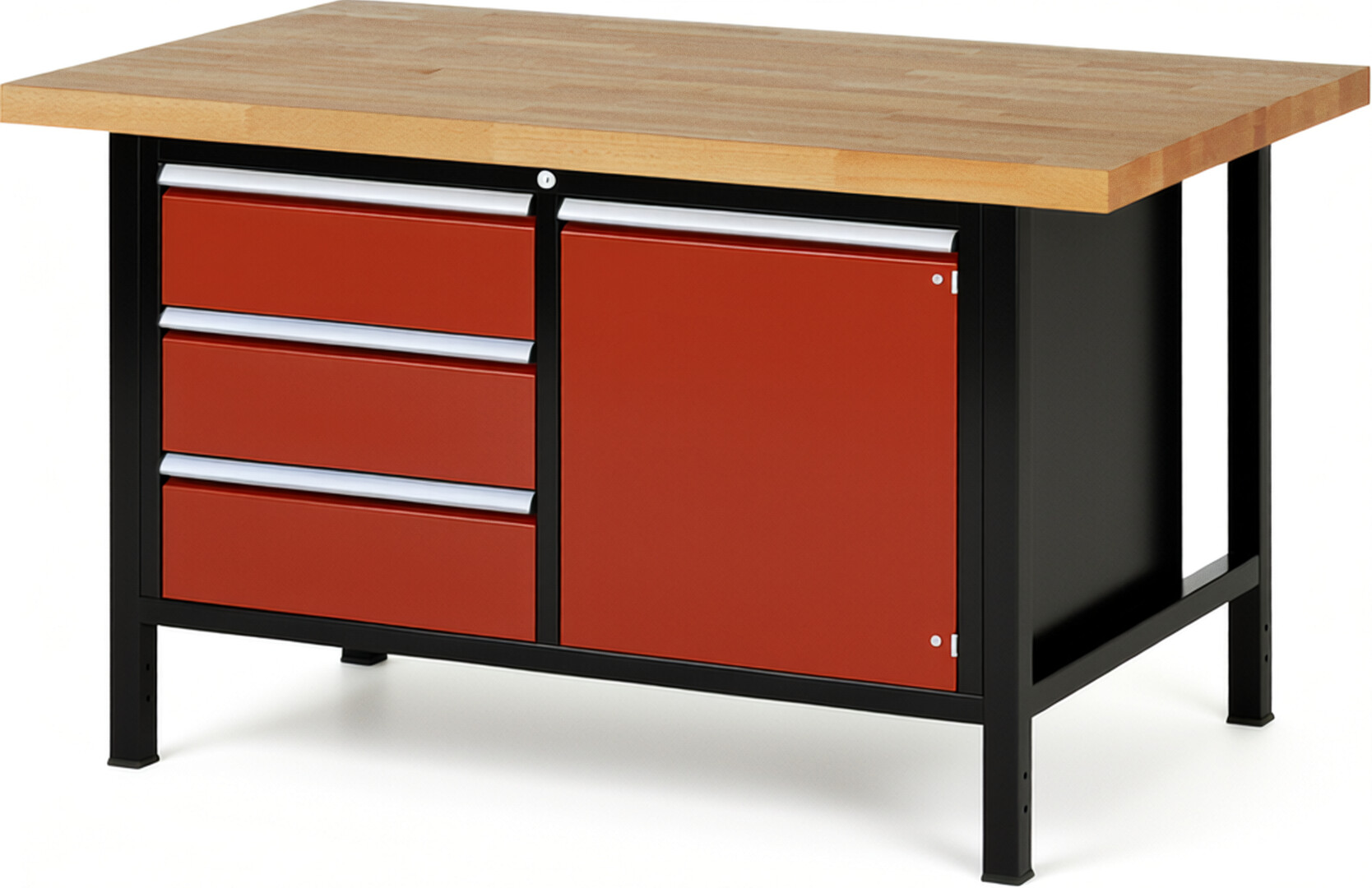 RAU Werkbank schwarz - rot - Breite 150 cm - Tiefe 90 cm - Höhe 104 cm - Buche-Massiv Arbeitsplatte 40 mm