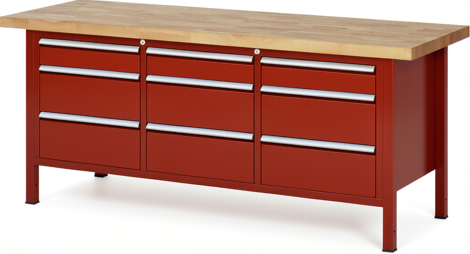 Werkbank Modell 8573 rot, BxTxH 2000x700x840 mm,  Buche-Massiv Arbeitsplatte 40 mm,  9 Schubladen mit  Vollauszug 100 % und  SoftClosing