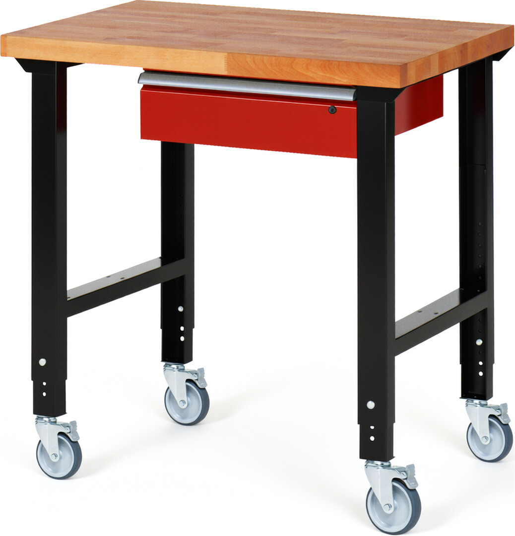RAU Werkbank schwarz - rot - Breite 100 cm - Tiefe 70 cm - Höhe 100 cm - Buche-Massiv Arbeitsplatte 40 mm