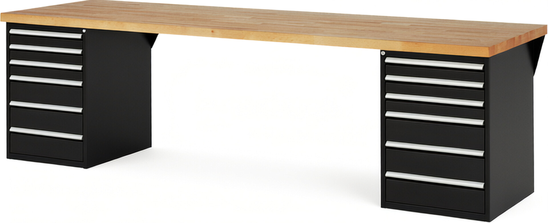Werkbank Modell 7515 schwarz, BxTxH 3000x900x890 mm,  Buche-Massiv Arbeitsplatte 40 mm,  12 Schubladen mit  Auszug 90 %