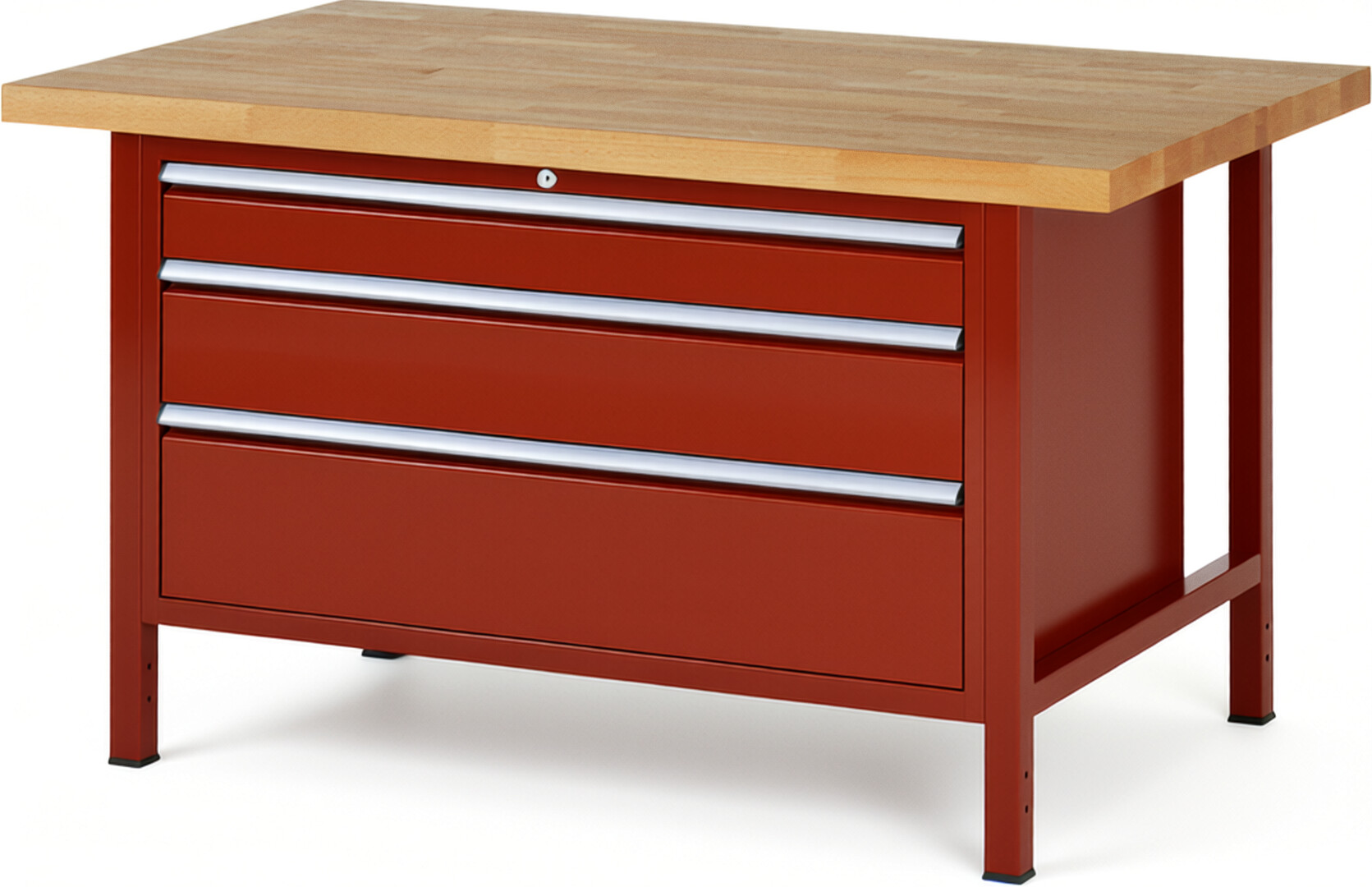 Werkbank Modell 8359 rot, BxTxH 1500x900x840-1040 mm,  Buche-Massiv Arbeitsplatte 40 mm,  3 Schubladen mit  Auszug 90 %