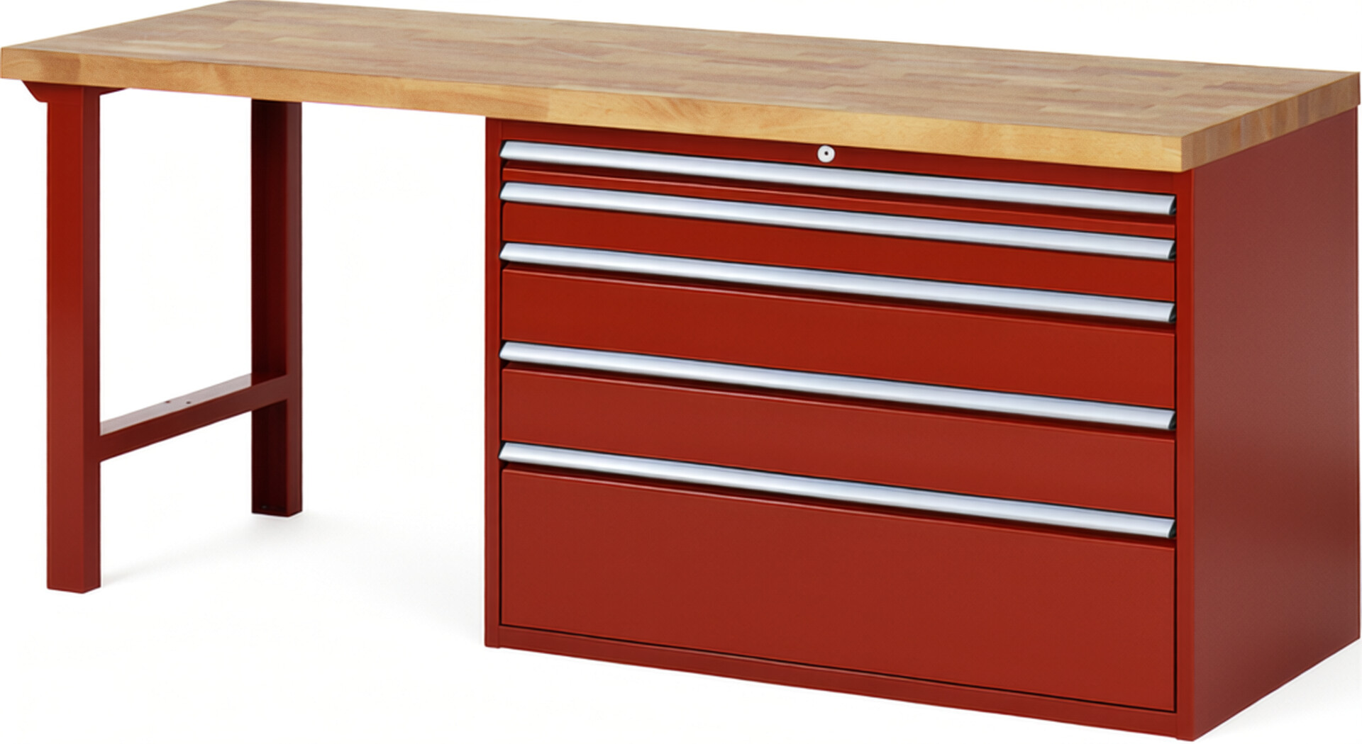 Werkbank Modell 7711 rot, BxTxH 2000x700x890 mm,  Buche-Massiv Arbeitsplatte 40 mm,  5 Schubladen mit  Auszug 90 %