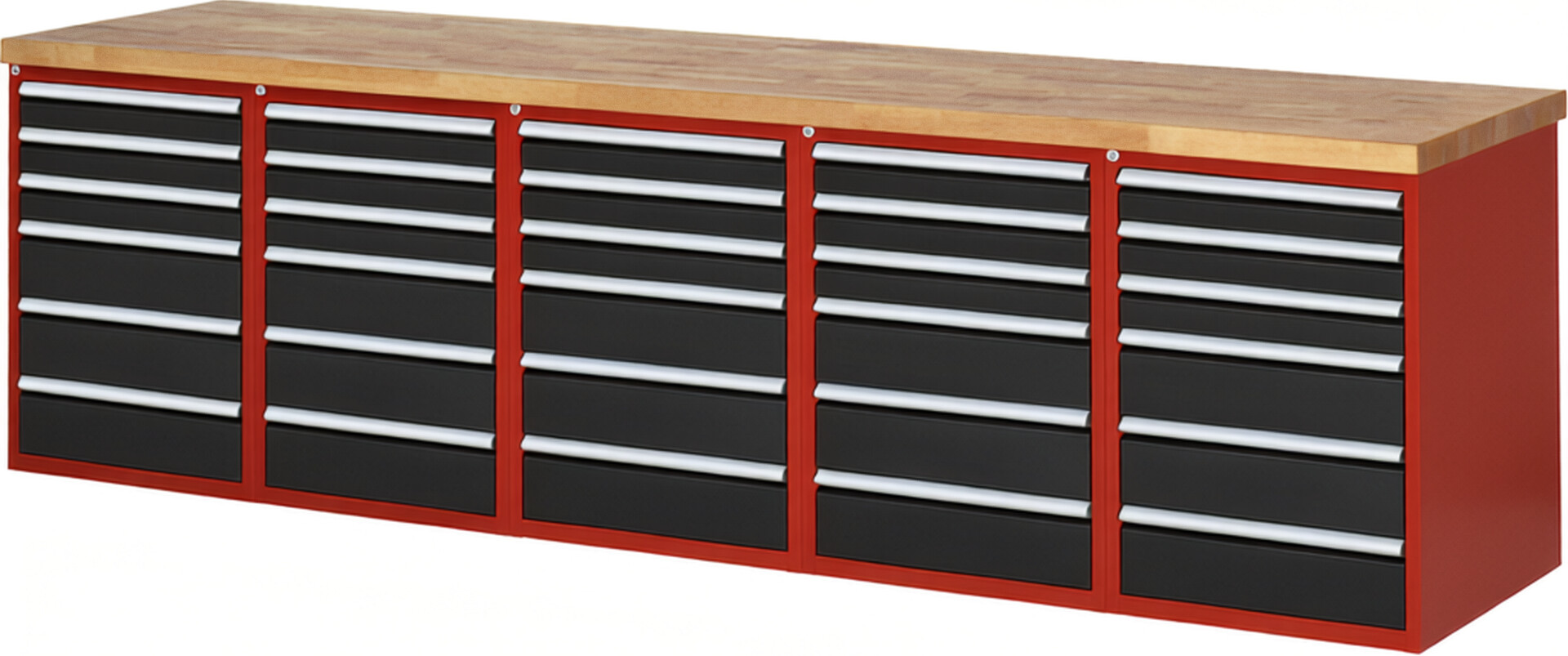 Werkbank Modell 7515 rot - schwarz, BxTxH 3000x700x890 mm,  Buche-Massiv Arbeitsplatte 40 mm,  30 Schubladen mit  Auszug 90 %
