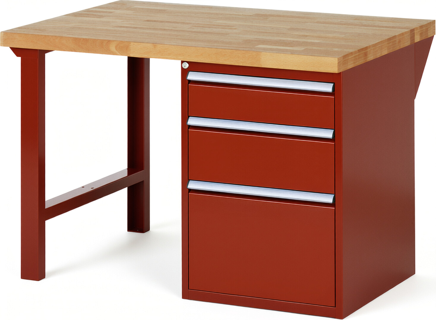 Werkbank Modell 7508 rot, BxTxH 1250x900x840 mm,  Buche-Massiv Arbeitsplatte 40 mm,  3 Schubladen mit  Vollauszug 100 % und  SoftClosing