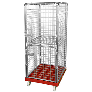 Rollbox mit Drahtgitterwänden, 5-seitig (2 Türen), 1 Boden, Nutzhöhe 1585 mm, BxTxH 810x720x1800 mm, Bodenplatte aus HDPE, RAL 3000 feuerrot