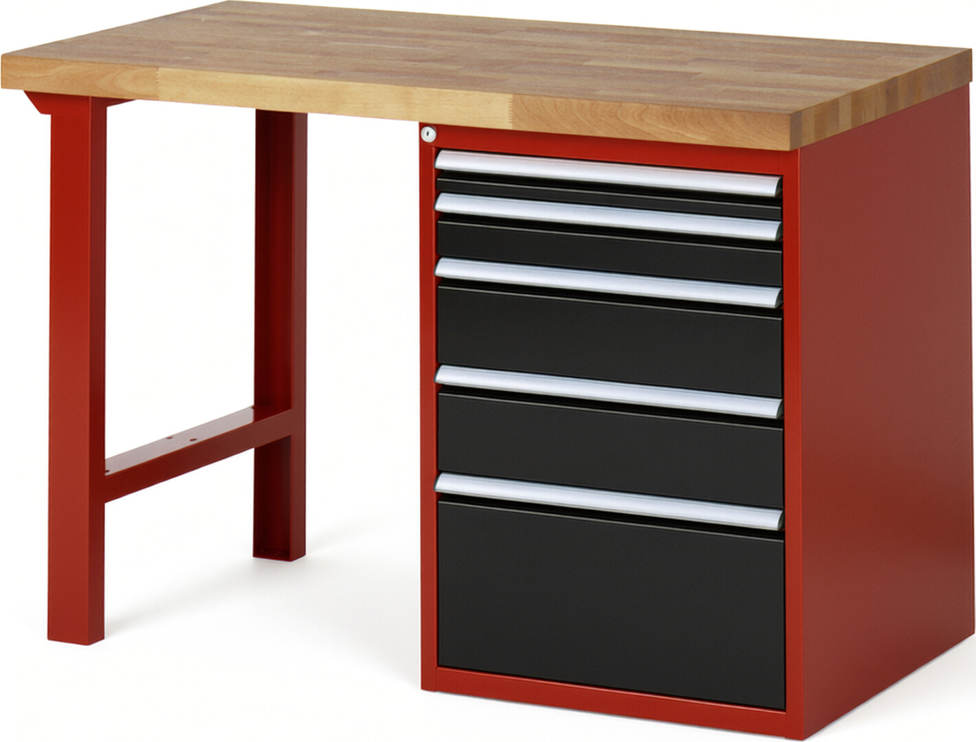 Werkbank Modell 7511 rot - schwarz, BxTxH 1250x700x890 mm,  Buche-Massiv Arbeitsplatte 40 mm,  5 Schubladen mit  Auszug 90 %