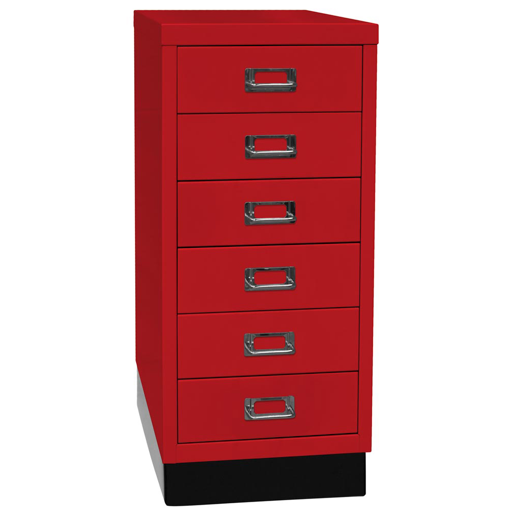 Schubladenschrank aus Stahl, BxTxH 279x380x670 mm, 6 Schubladen 87 mm, DIN A4, Sockel 80 mm hoch, kardinalrot