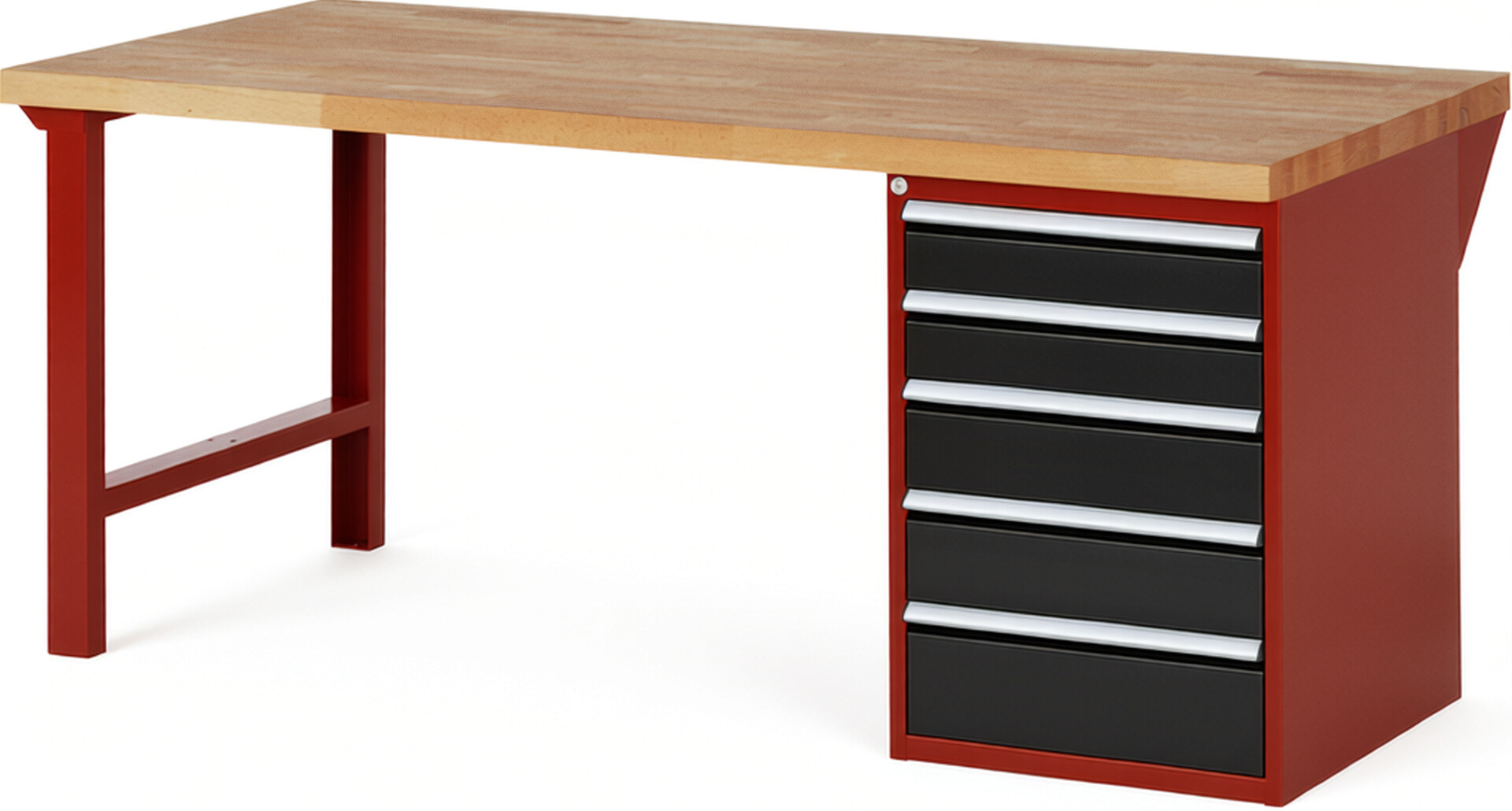 Werkbank Modell 7513 rot - schwarz, BxTxH 2000x900x890 mm,  Buche-Massiv Arbeitsplatte 40 mm,  5 Schubladen mit  Vollauszug 100 % und  SoftClosing