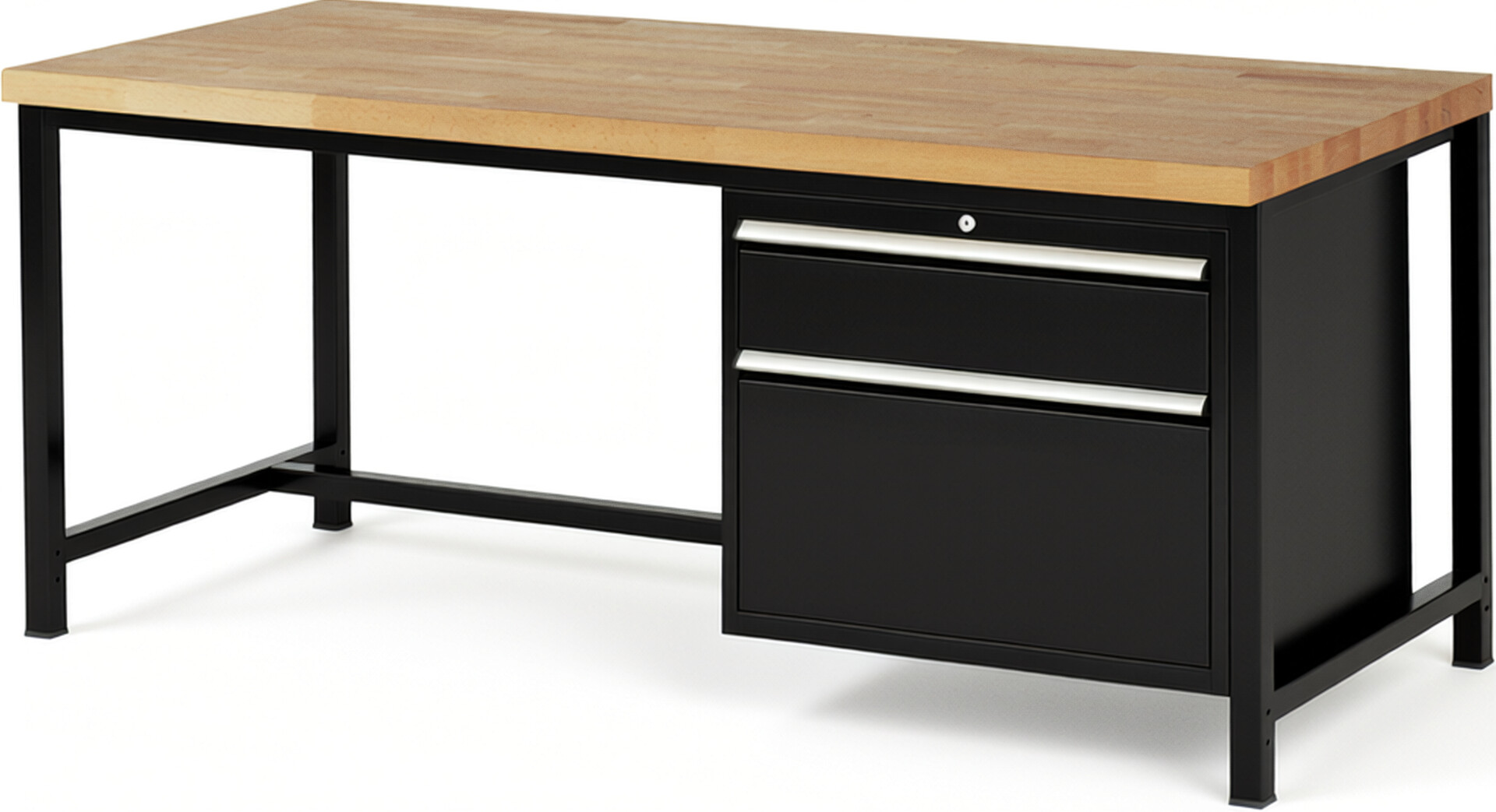 Werkbank Modell 8256 schwarz, BxTxH 2000x900x840 mm,  Buche-Massiv Arbeitsplatte 40 mm,  2 Schubladen mit  Vollauszug 100 % und  SoftClosing