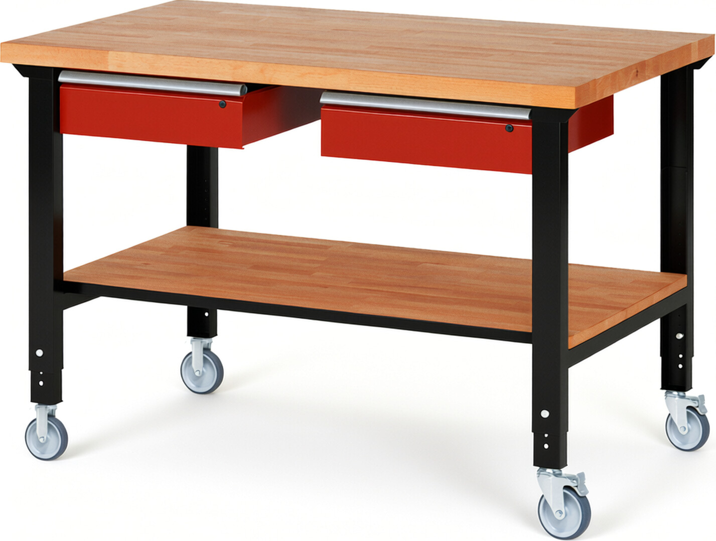RAU Werkbank schwarz - rot - Breite 150 cm - Tiefe 90 cm - Höhe 100 cm - Buche-Massiv Arbeitsplatte 40 mm